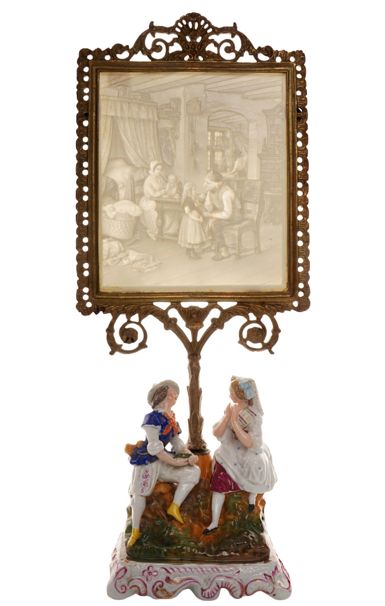 PPM Schierholz lithophany stand c. 1870 - The Grandfather after Friedrich Edouard MEYERHEIM,: porcelain, Germany, PPM press mark, numbered 293, home interior: The Grandfather after Friedrich Edouard Meyerheim (1808-1879), porcelain figural stand with young lovers, lithophany H 16.5 cm x W 14 c