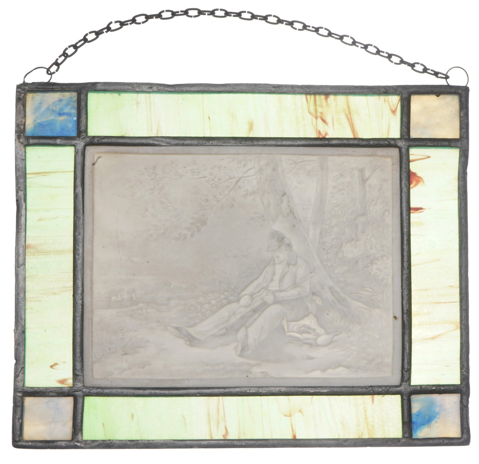 Meissen lithophany in a leaded glass frame c. 1870 depicting a resting hunter,: porcelain, Germany, numbered 147 (hand-engraved) and stamped 61,lithophany H 14.5 cm x W 17.5 cm, frame 21.5 cm x 24.5 cm, Provenance: Lower Rhine private collection
