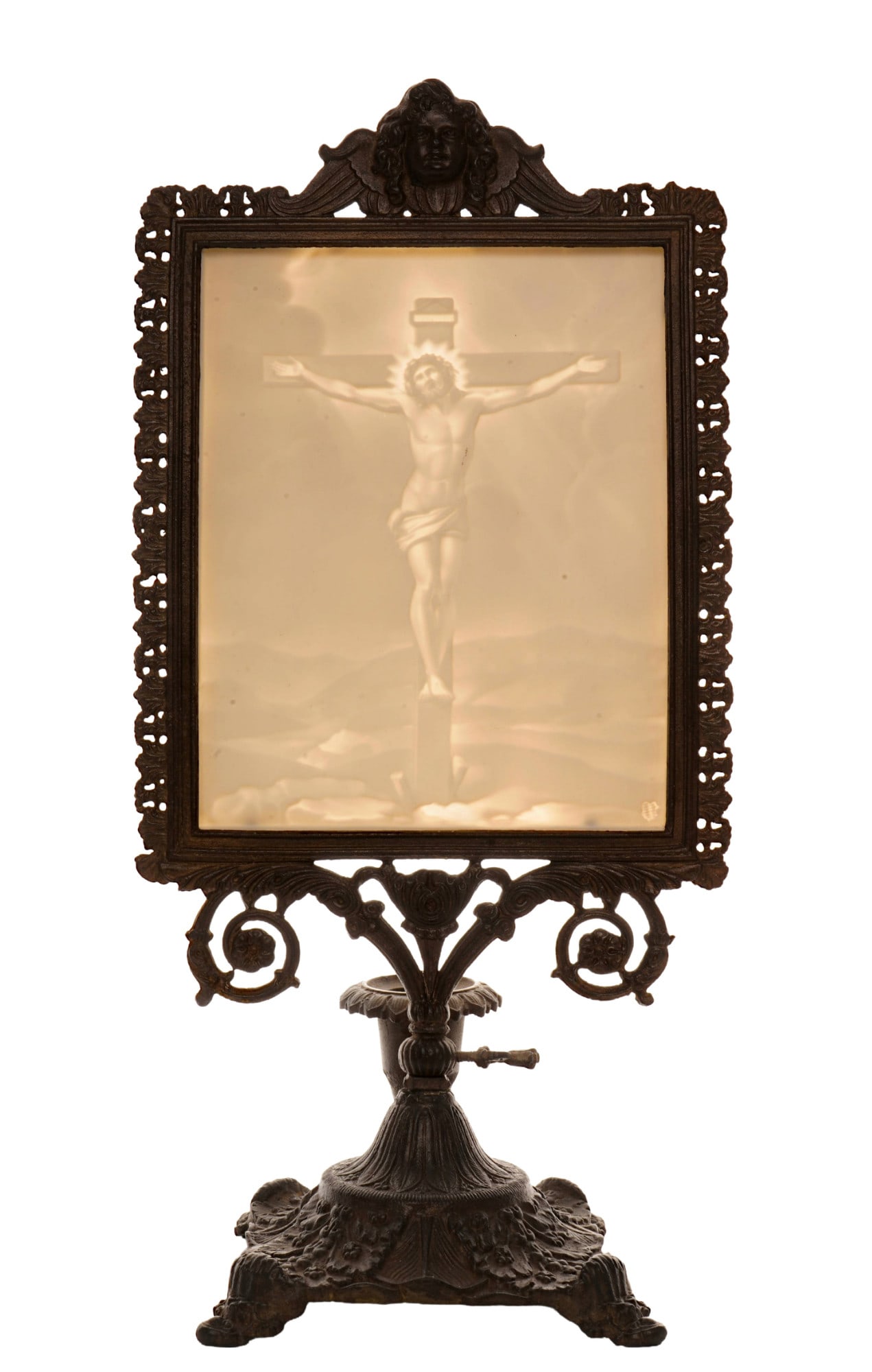 Nymphenburg lithophany c. 1860 - Christ on the Cross,: porcelain, Germany, coat of arms press mark with P, numbered 169, Crucifixion scene - Jesus Christ hanging on the cross, stand with acanthus leaf decoration, volutes and floral ornaments, and crowning