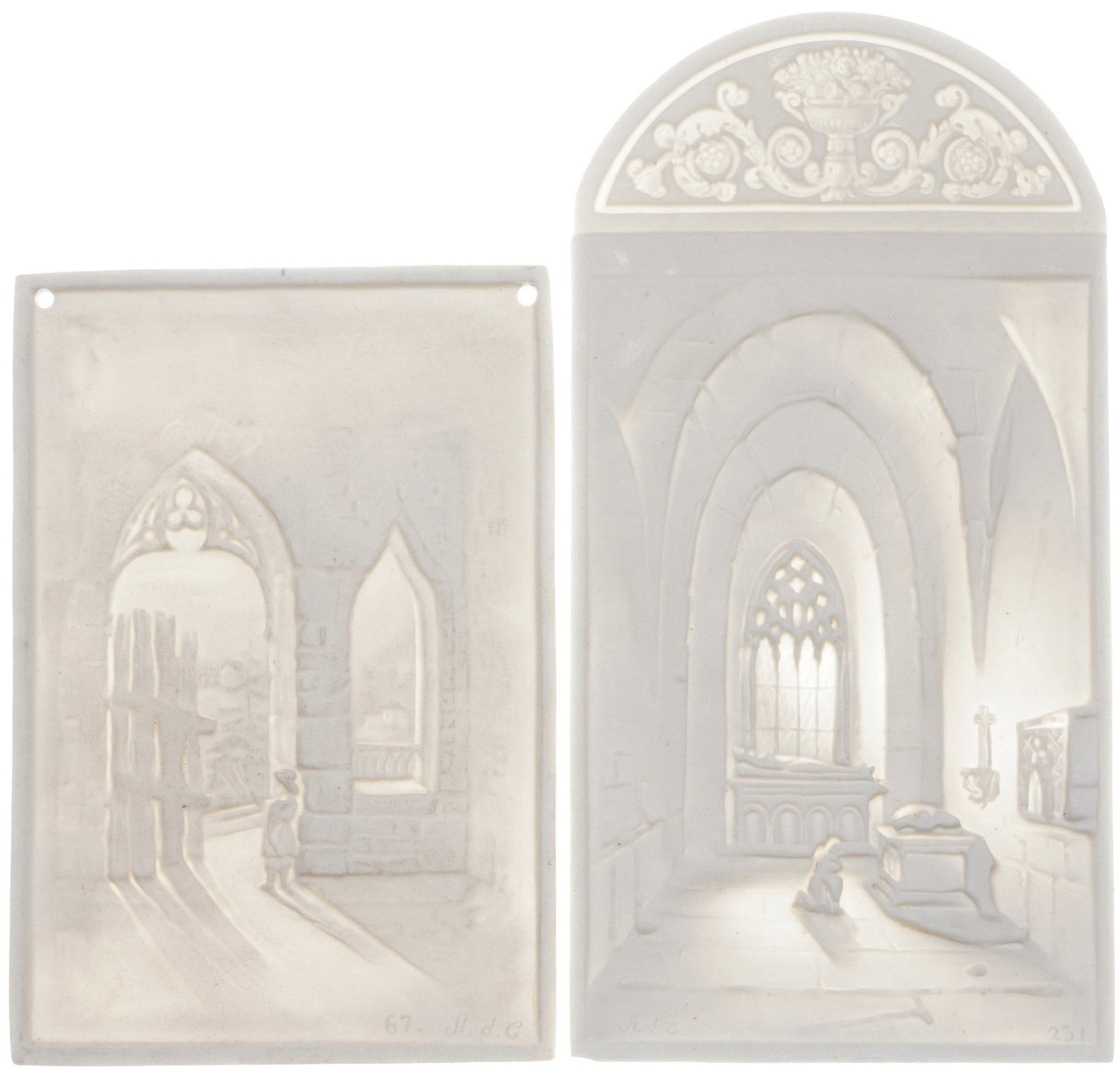 Alexis du Tremblay 2 Lithophanies with Church Interiors,: Porcelain, France, mid-19th century, monogrammed A.d.T. (Alexis du Tremblay), 1x mourning figure inside a burial chapel #231 H 20 cm x W 10 cm, 1x boy looking through the church entrance #67 H 15.5 cm