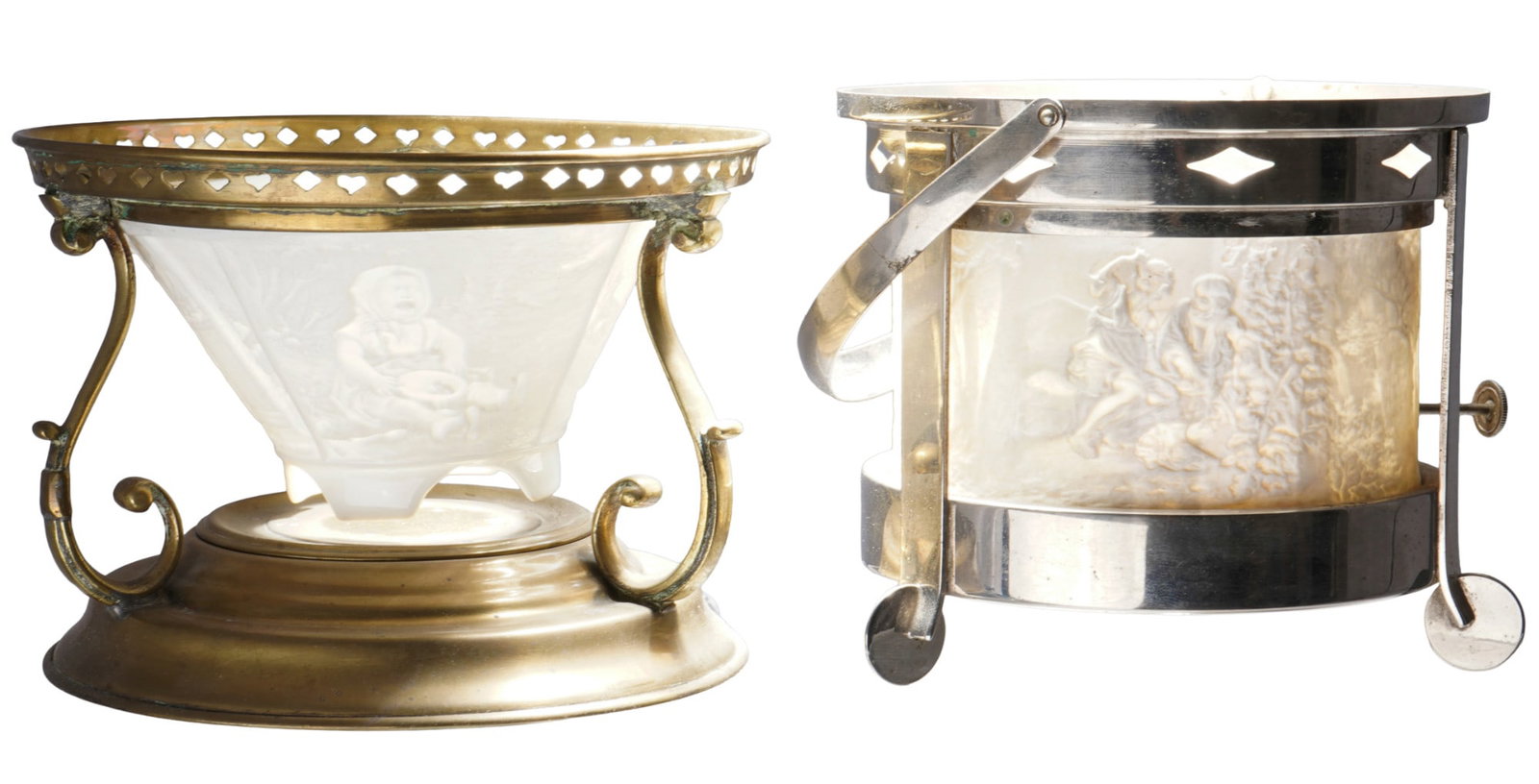 2 small warmers, one round and one conical, with three or four different images of children and (1 of 9)