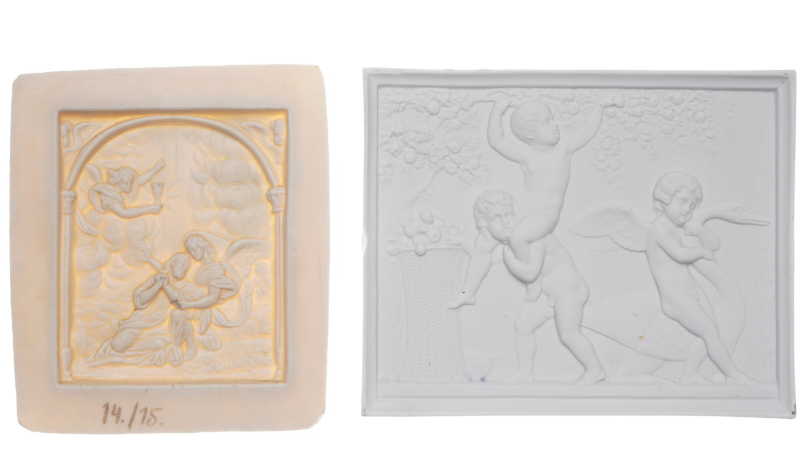 2 Lithophany with allegorical motifs, 19th century: Porcelain, 19th century, 1x French campaigns 1914/1915 H 12.5 cm x W 11 cm, 1x putti with swan H 12 cm x W 15.5 cm Provenance: Lower Rhine private collection