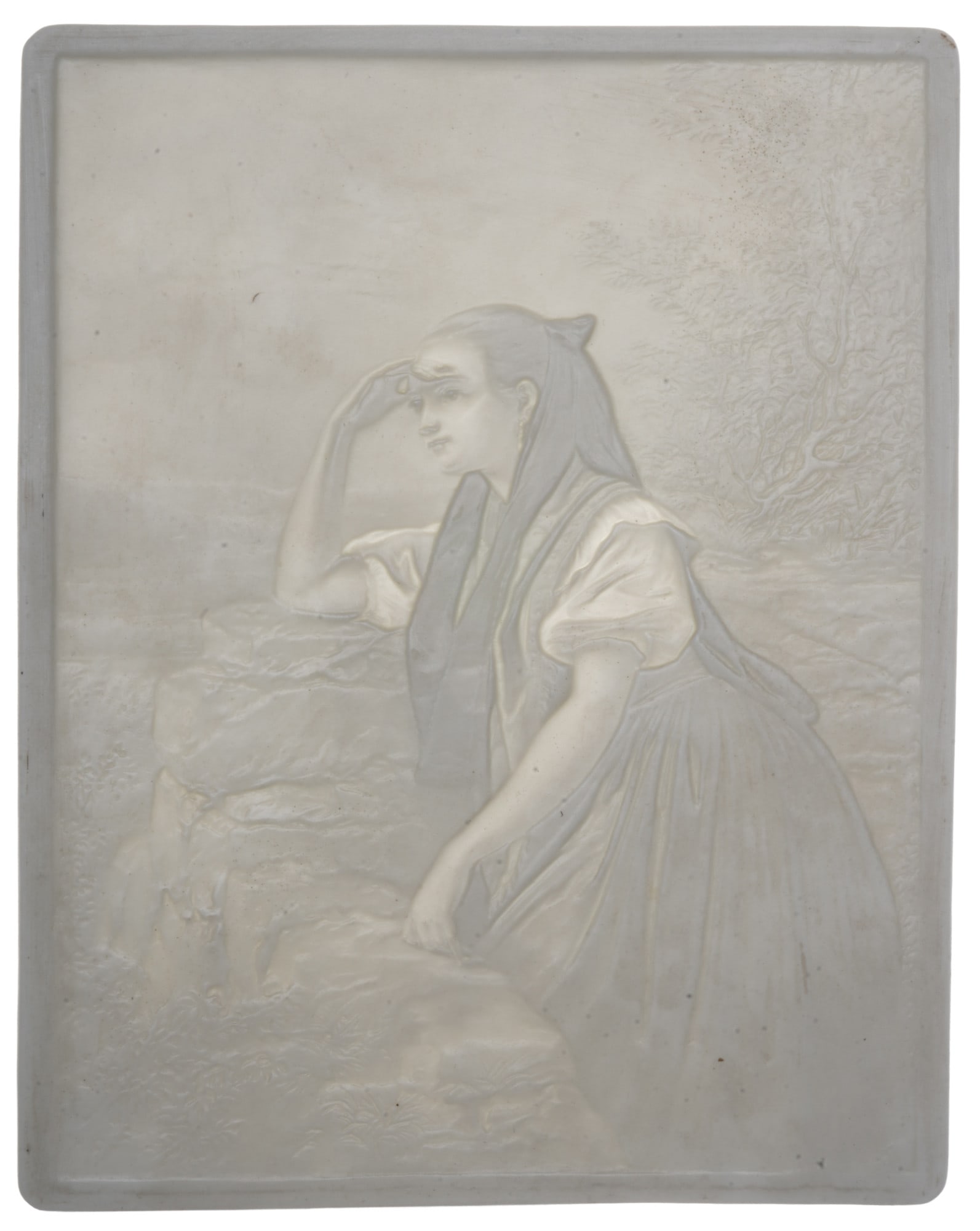 KPM Berlin lithophany c. 1860 - thoughtful young lady,: porcelain, Germany, KPM Berlin scepter press mark, numbered 413, stamped N, portrait of a young pensive lady, H 23.5 cm x W 18.5 cm, provenance: Lower Rhine private collection