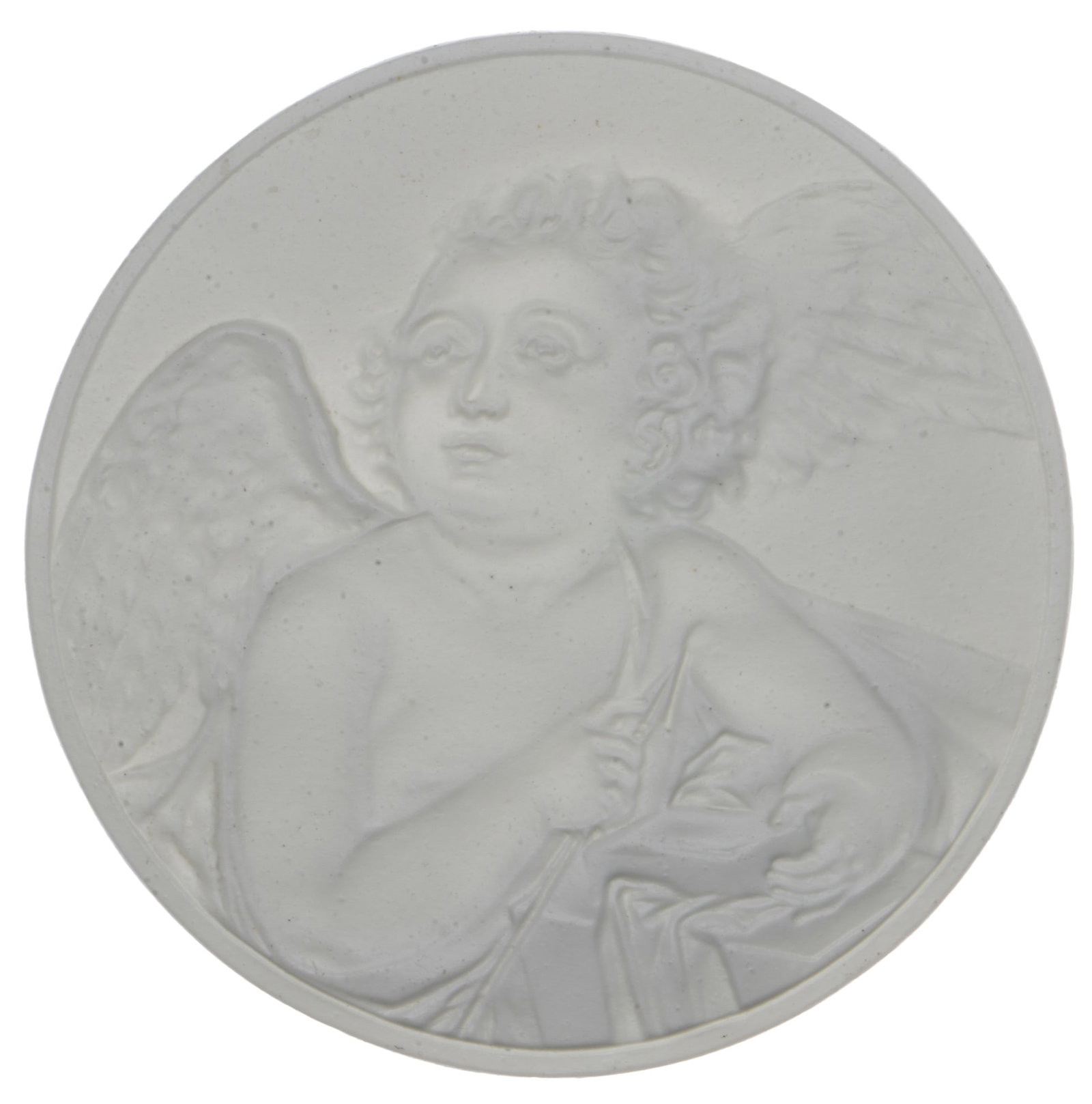 KPM Berlin lithophany c. 1870 - cupid holding an arrow,: porcelain, Germany, KPM Berlin scepter press mark, numbered 80, signed/monogrammed on the reverse, depicting a putto holding an arrow, round lithophany D 15.5 cm, provenance: Lower Rhine private