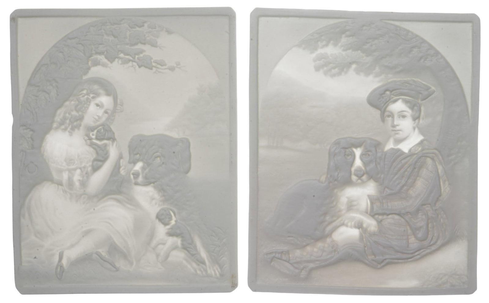 KPM Berlin pair of lithophanies c. 1870 - boy and girl with dog,: porcelain, Germany, KPM Berlin scepter press mark, numbered 294/295, stamped B/O, depictions of a young girl and a boy with their dog, 2x H 14.5 cm x W 12 cm, Provenance: Lower Rhine private
