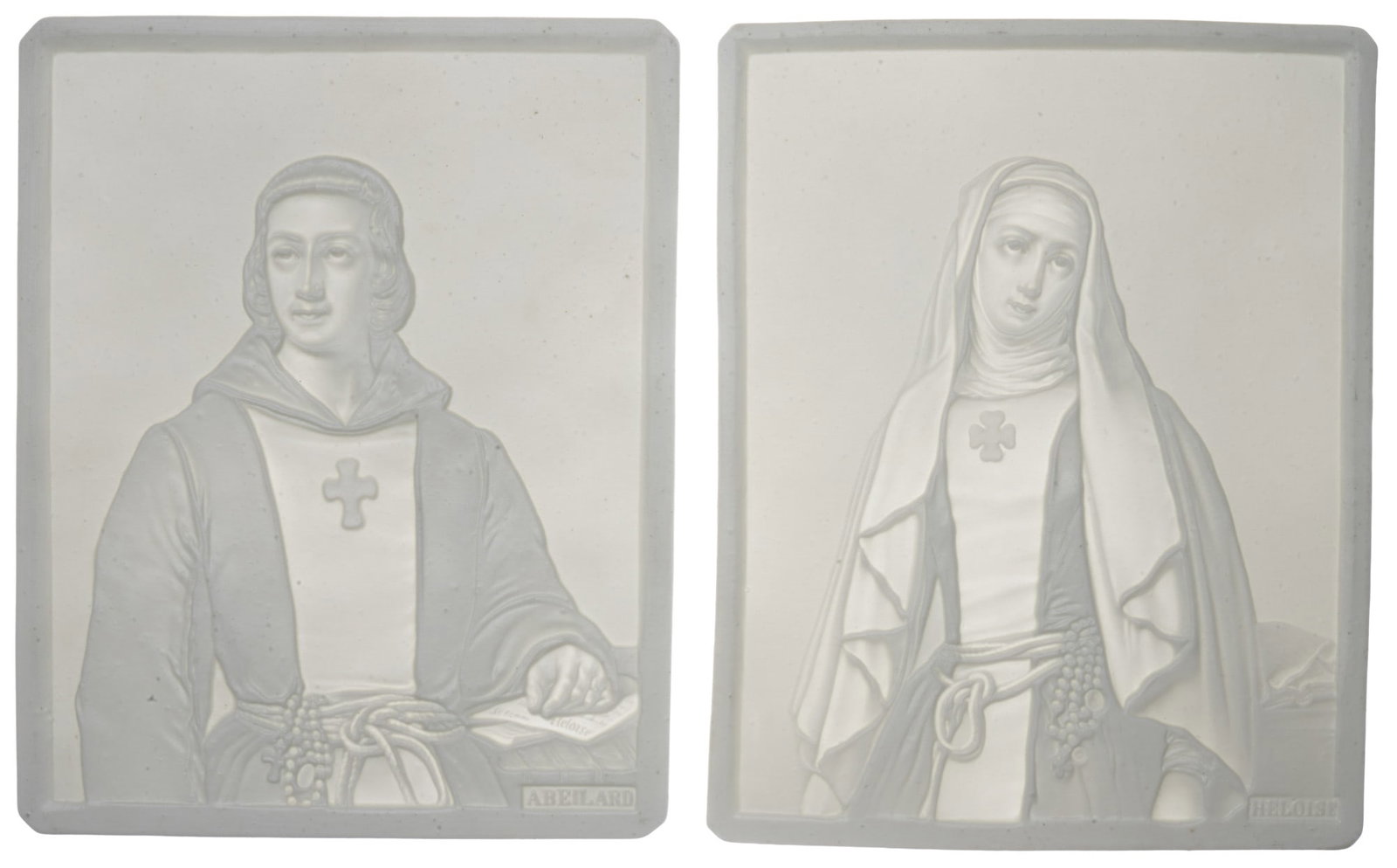 KPM Berlin Pendant Lithophanies c. 1860 - Portraits of Peter Abelard and Heloise,: porcelain, Germany, KPM Berlin scepter press mark, numbered 239/240, stamped Z, portraits of the scholar couple Peter Abelard (1079-1142) and Heloise (1095-1164), the depiction of "Abeilard" shows