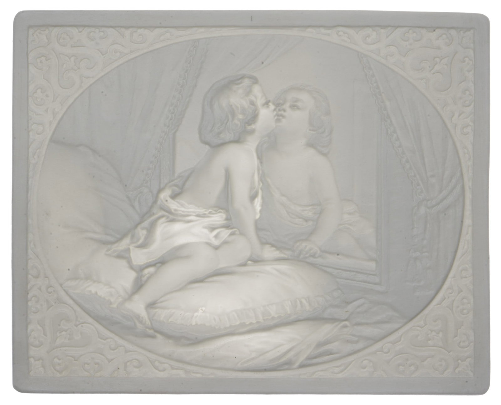 KPM Berlin lithophany c. 1855 - L'education de la nature after a painting by Hippolyte Dominique: porcelain, Germany, KPM Berlin scepter press mark, numbered 406, stamped N, oval depiction, ornamentally bordered, child looking in a mirror, titled L'education de la nature after a painting by
