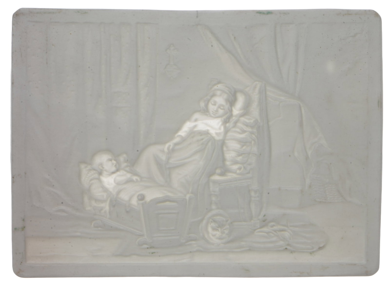 KPM Berlin lithophany c. 1855 - at the cradle,: porcelain, Germany, KPM Berlin scepter press mark, numbered 449, stamped B, in price list no. 4, young girl sleeping by a cradle, H 11.5 cm x W 16 cm, Provenance: Lower Rhine private collection