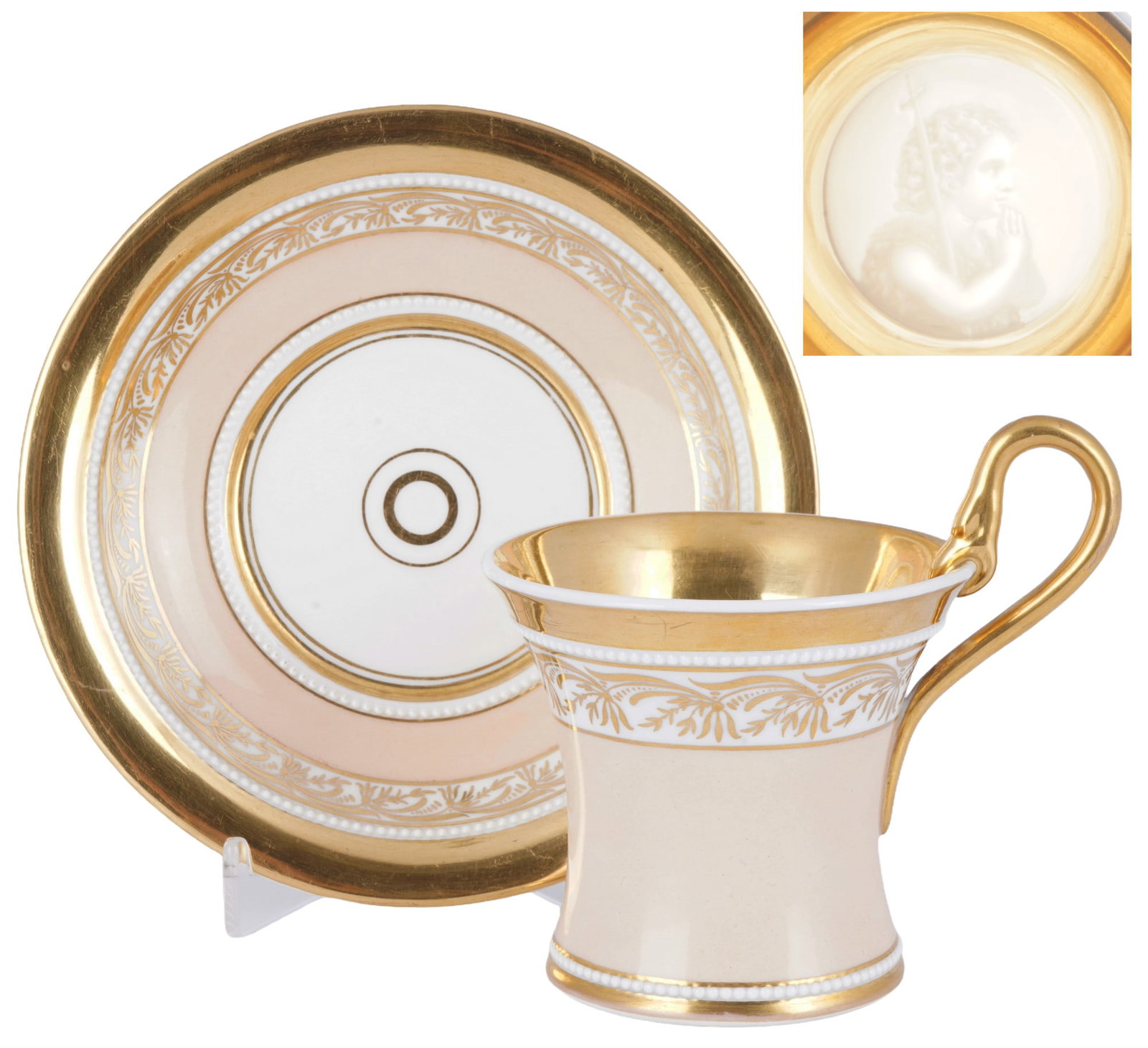KPM Berlin ceremonial cup with lithophanes: Porcelain, Royal Porcelain Manufactory Berlin, blue scepter mark with orb, cream-colored ground with rich gold decoration, gilded leaf and pearl band decoration, gilded interior, cup base with