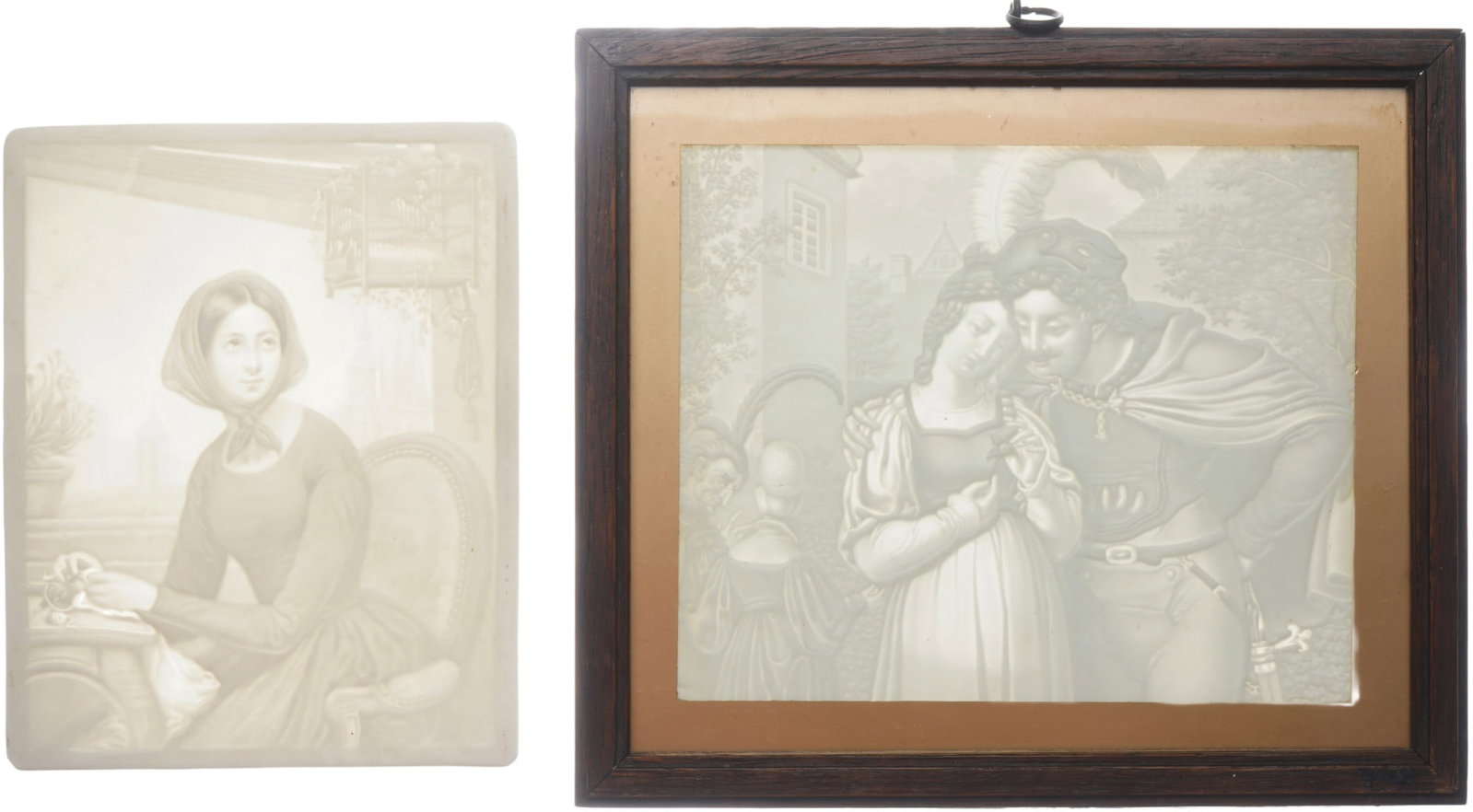 KPM Berlin 2 Lithophanies,: Porcelain, Germany, marked KPM and numbered, 1x seated young lady #398 H 16 cm x W 14 cm, 1x couple in marketplace #162, 1x H 15.5 cm x W 18.5 cm, framed lithophane with break, provenance: Lower