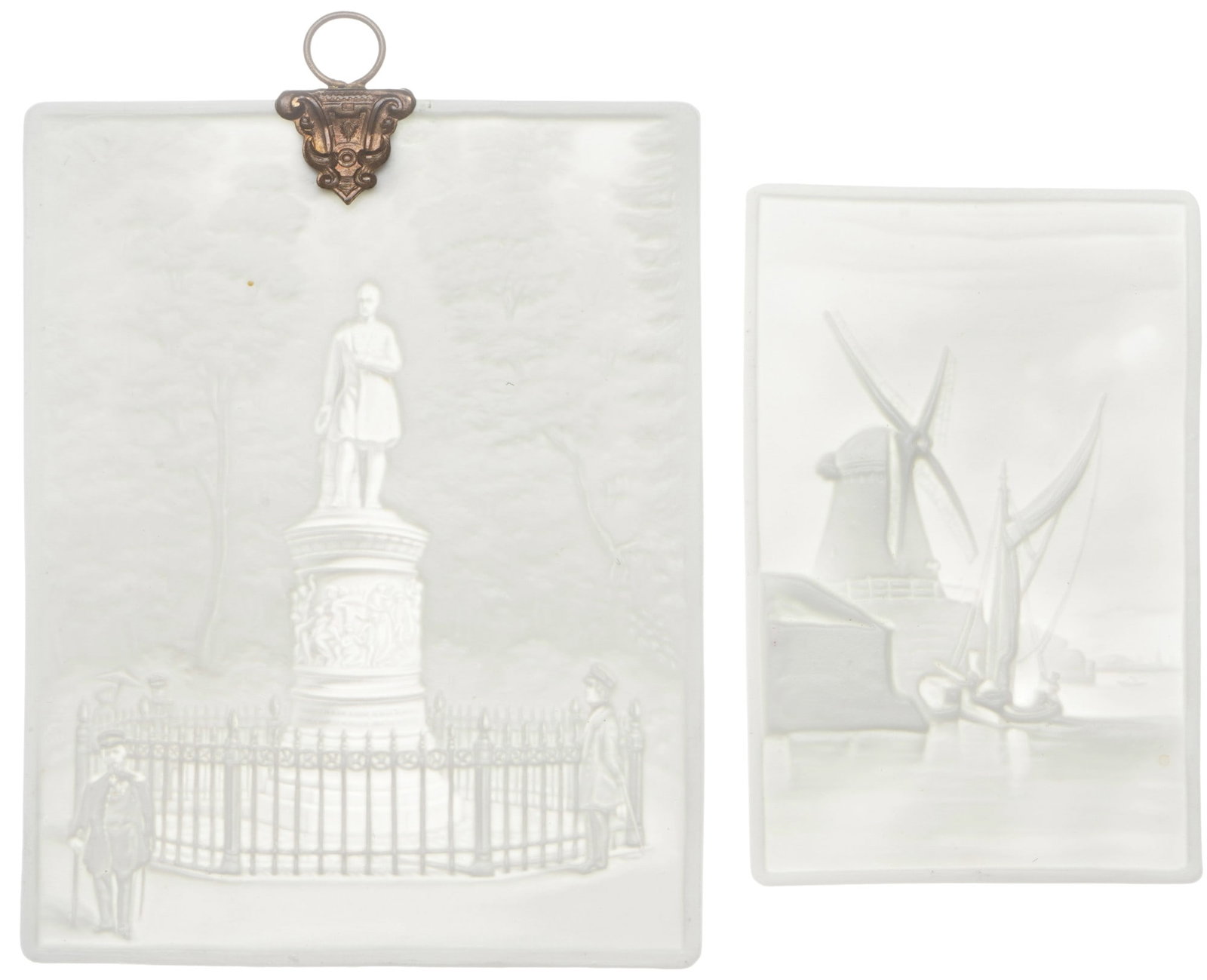 KPM Berlin 2 lithophanes with monument to Frederick William III and Dutch windmill,: Porcelain, Germany, KPM Berlin scepter impressed mark, 1x Monument to Frederick William III on Luiseninsel / Tiergarten #43 H 12 cm x W 9 cm, 1x Dutch windmill with sailboat #48 Z H 9.5 cm x W 6 cm,