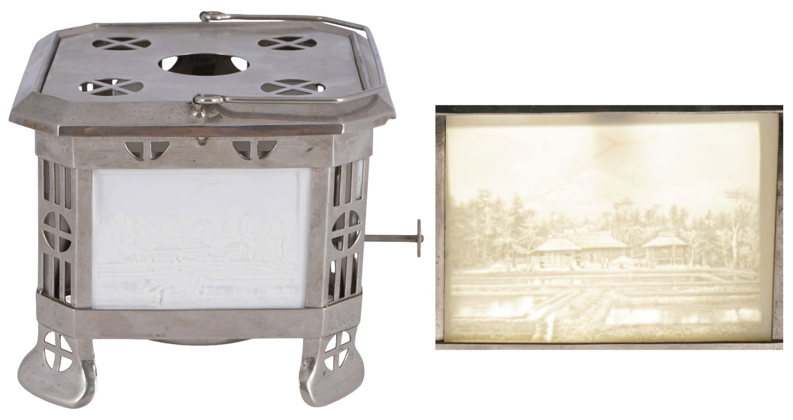 Stove by G. Bredemeyer Hilversum with four different landscapes,: Porcelain, Netherlands, G. Bredemeyer Hilversum, view of a cascade fountain overlooking the Wiesbaden Kurhaus, a mountain hut, houses in front of a forest, a castle in a wooded landscape, H 11 cm x W