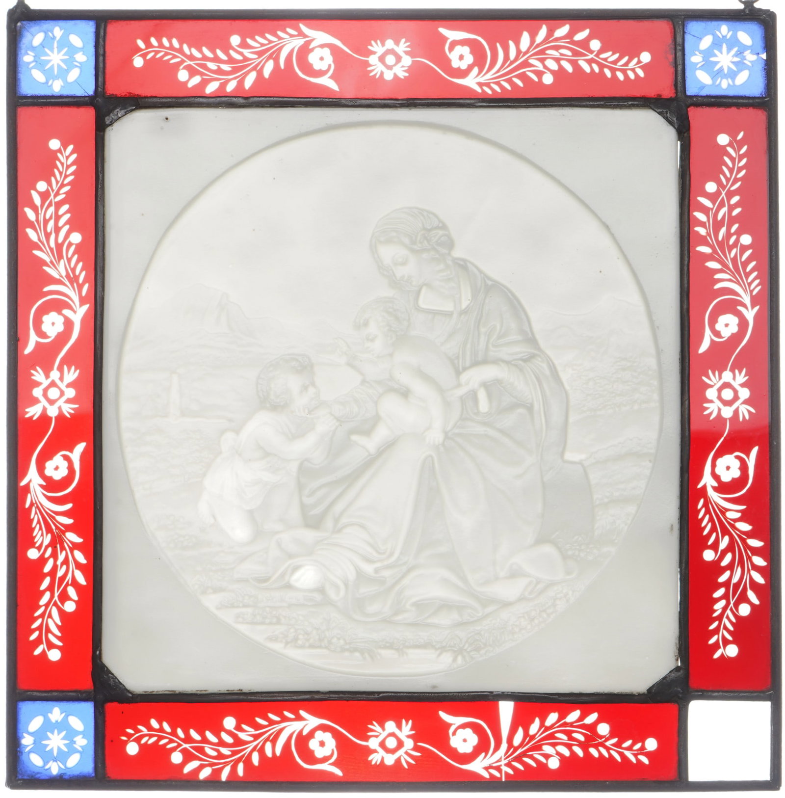 Carl Heyroth lithophane in a leaded glass frame - Mother with children, (1 of 4)