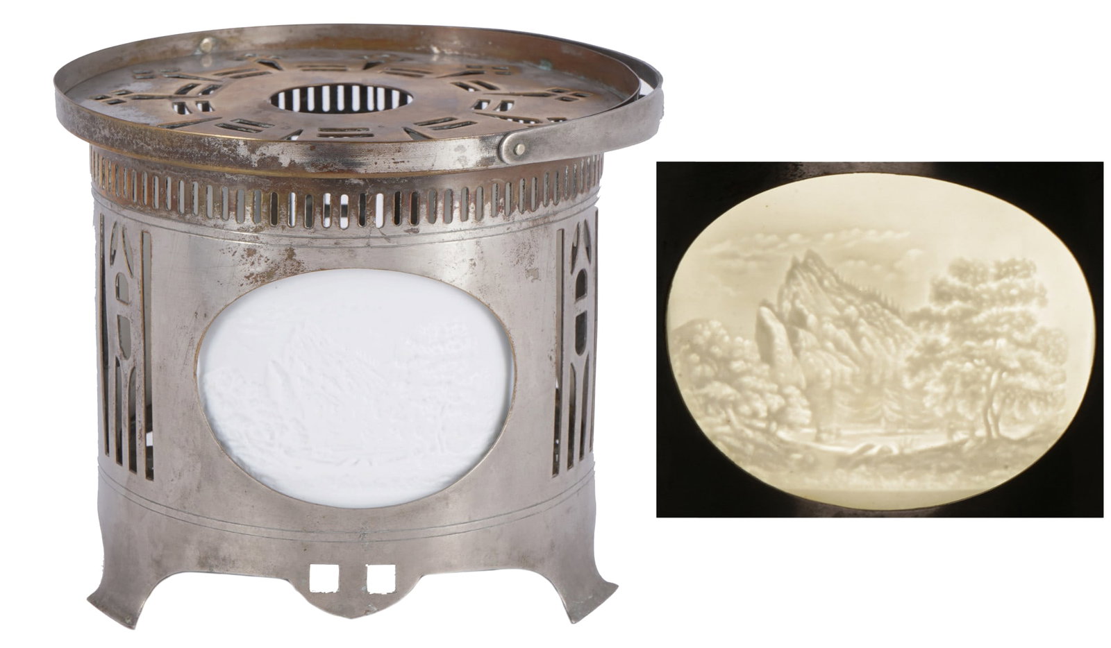 Round stove with three different landscape scenes, (1 of 11)