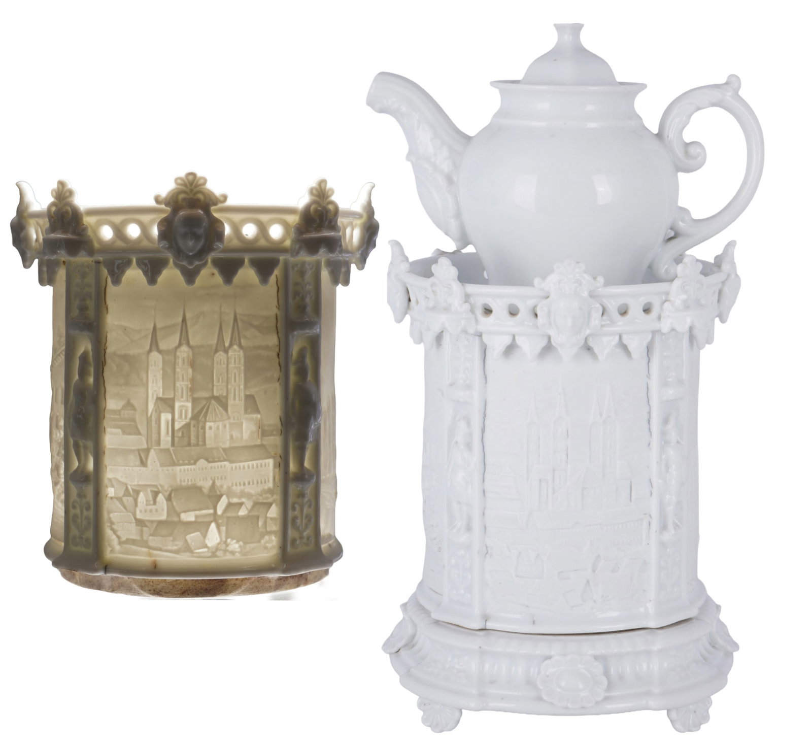 Lithophany - Tisani re / teapot with jug, 19th century,: Porcelain, 19th century, cylindrical body rests on a richly relief-decorated base and is crowned by a surrounding gallery with openwork decoration. The four lithophane depict different views and
