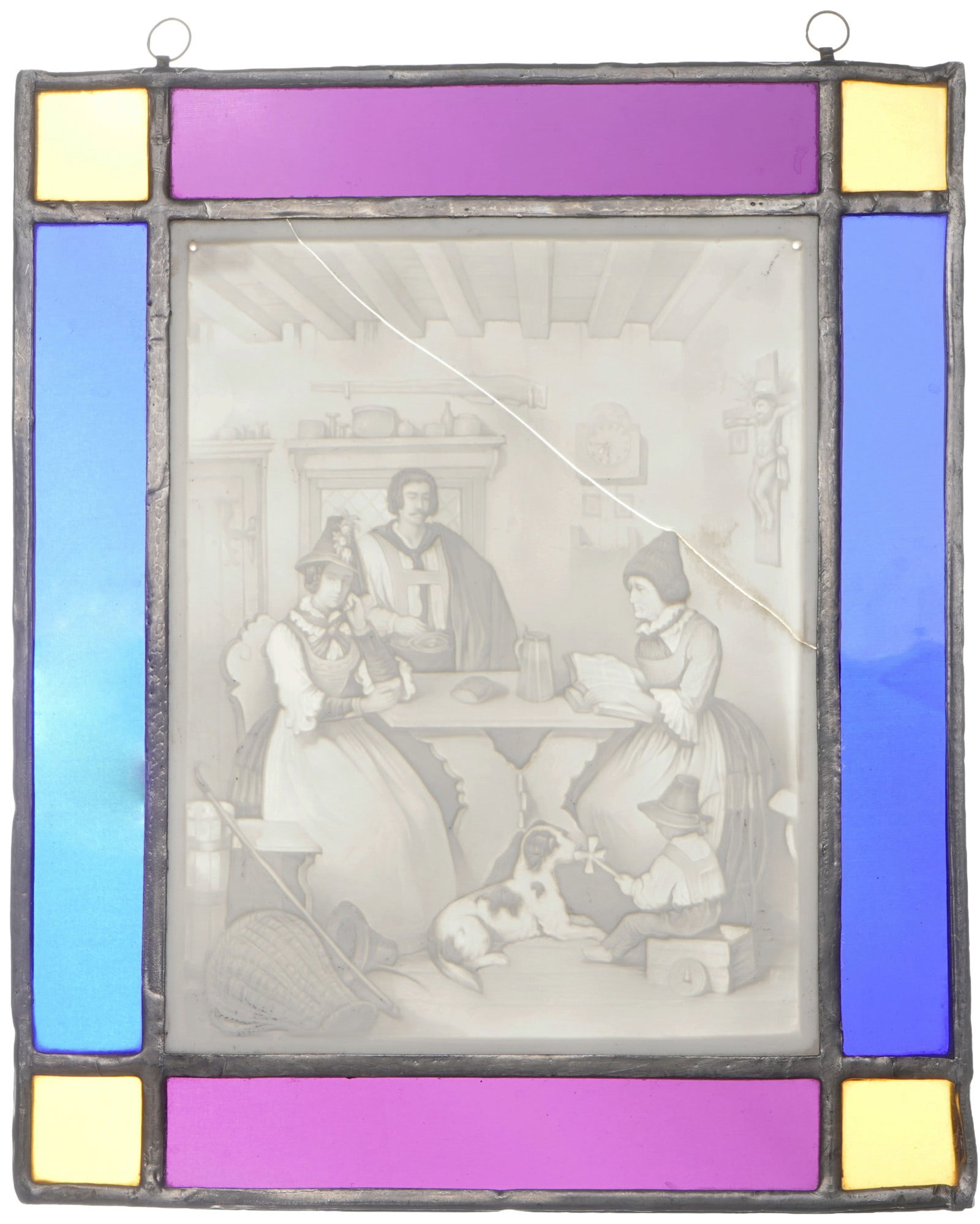 Lithophany in a leaded glass frame - 19th-century living room interior: Porcelain, Germany, late 19th century, family at the table, marked G, lithophane H 18.5 cm x W 14.5 cm, leaded glass frame 25.5 cm x 21.5 cm, some breakage present, provenance: Lower Rhine private