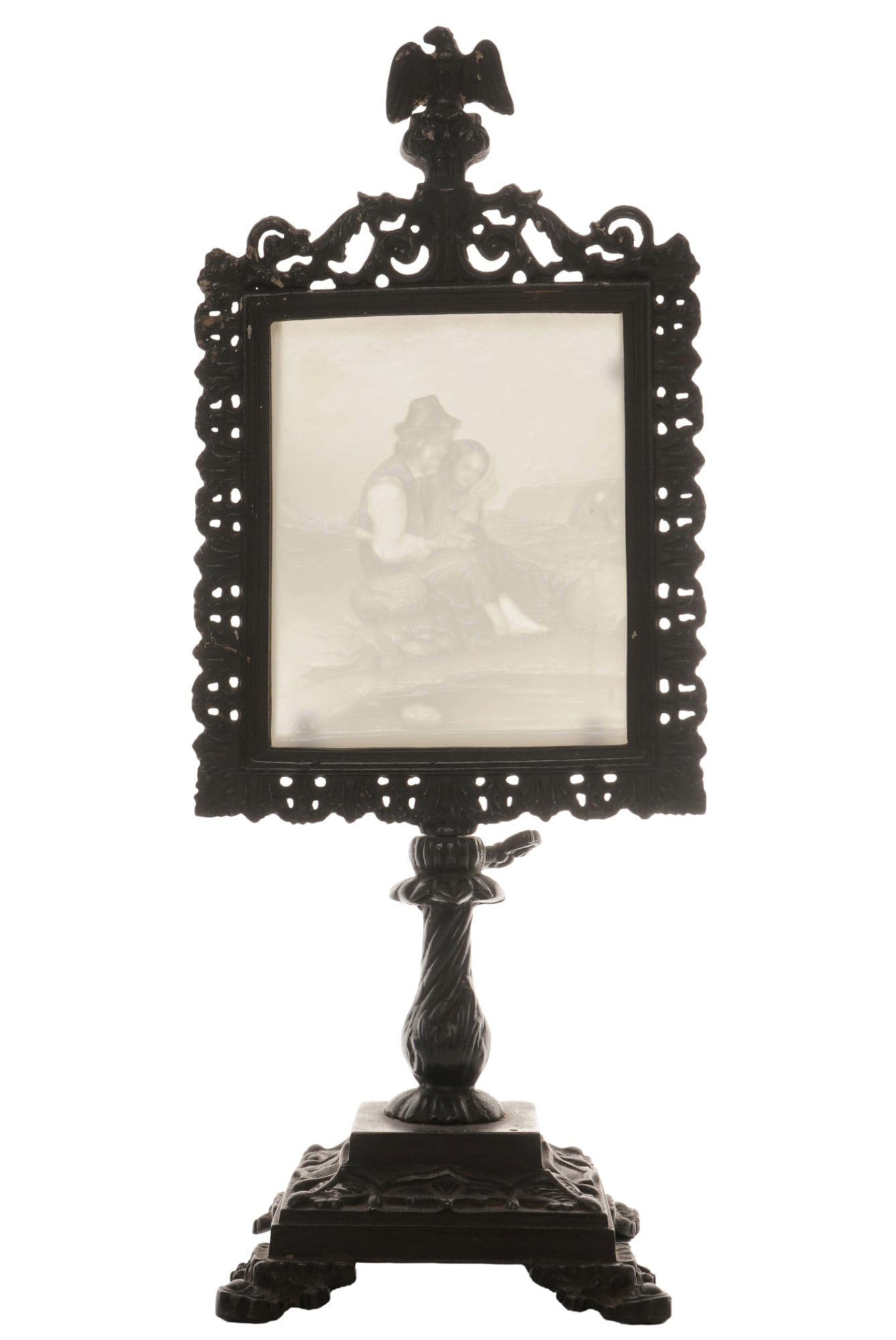 Lithophany - young couple fishing,: porcelain, unmarked, depicting a fishing couple, stand with acanthus leaf decoration and crowning eagle, lithophany H 9.5 cm x W 7.5 cm, stand 24 cm x W 10 cm, one mounting pin broken, one foot