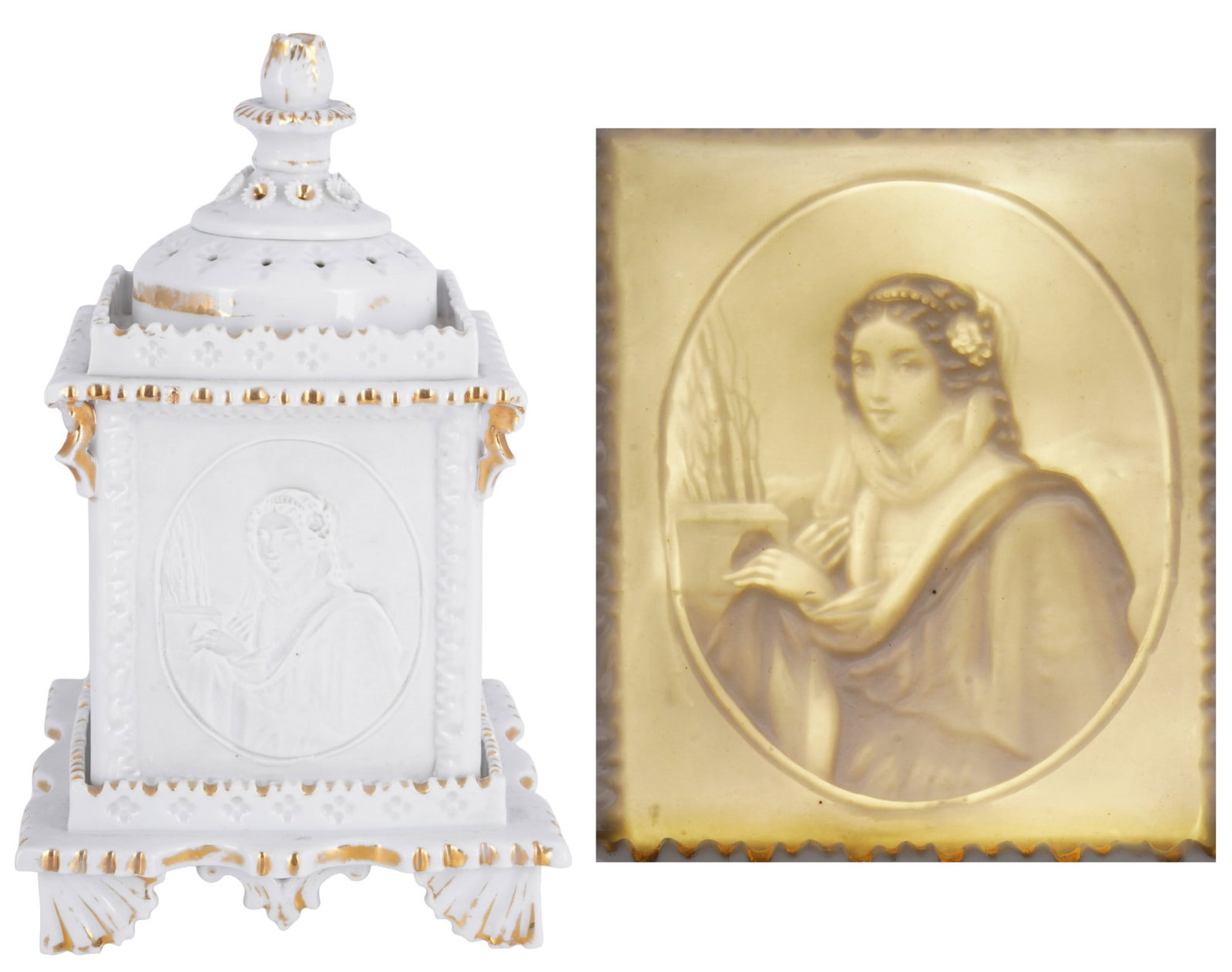 Small stove with four different portraits of women, (1 of 10)