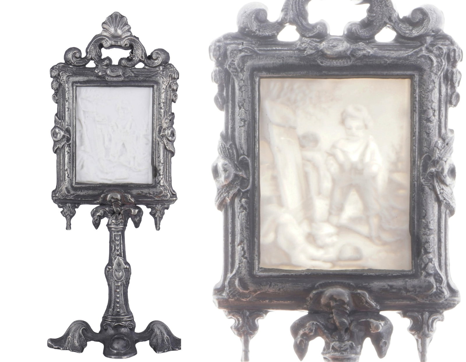Miniature lithophany on an ornate stand - child with dog in the countryside, (1 of 4)
