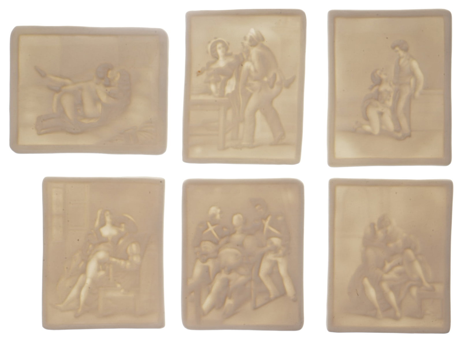 Miniature lithophanes - 6 erotic depictions,: porcelain, unmarked, early 20th century,, six erotic figurine scenes, 6x H 5.5 cm x W 4 cm, provenance: Lower Rhine private collection