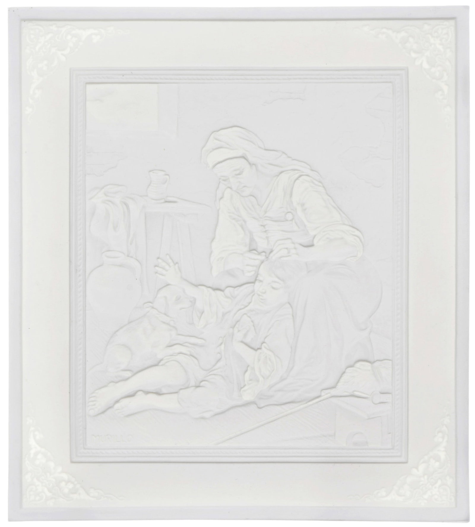 PMP Schierholz Lithophany - The Lice Seeker after Bartolome Esteban Murillo: Porcelain, Germany, 20th century, PMP Schierholz impressed mark, numbered 2288, depicting an old woman delousing a boy; the original is in the Alte Pinakothek in Munich; H 21.5 cm x W 19 cm; provenanc