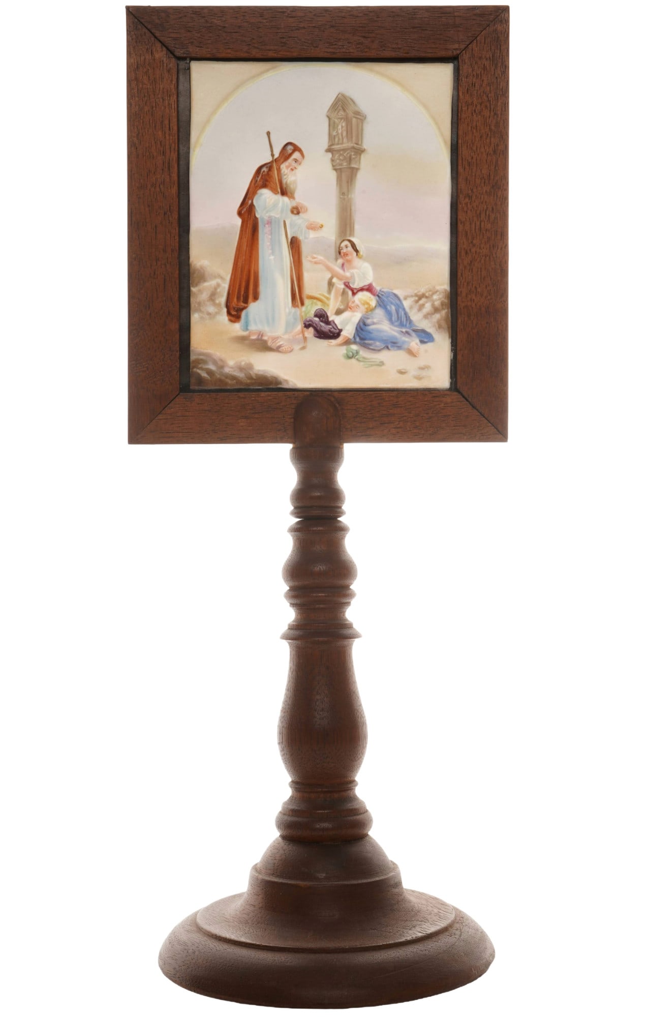 PPM Schierholz Plaue lithophany stand - Monk with Begging Mother,: porcelain, Germany, PPM Plaue press mark, numbered 128, monk with begging mother, polychrome, lithophany H 13 cm x W 11 cm, wooden stand 34 cm x 14 cm, provenance: Lower Rhine private collection