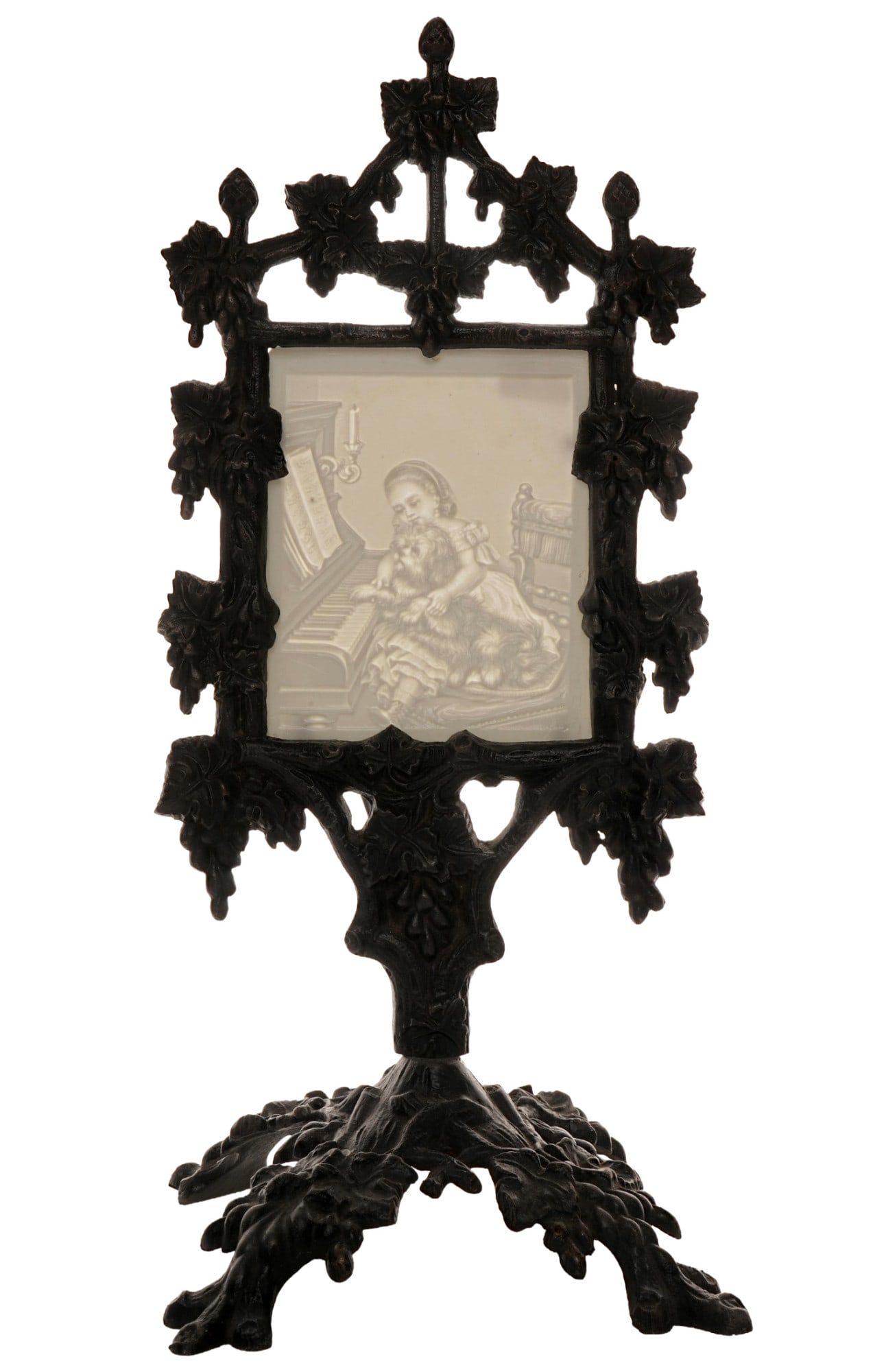 PPM Schierholz Plaue lithophany lampshade c. 1860 - girl with dog sitting in front of piano, (1 of 9)
