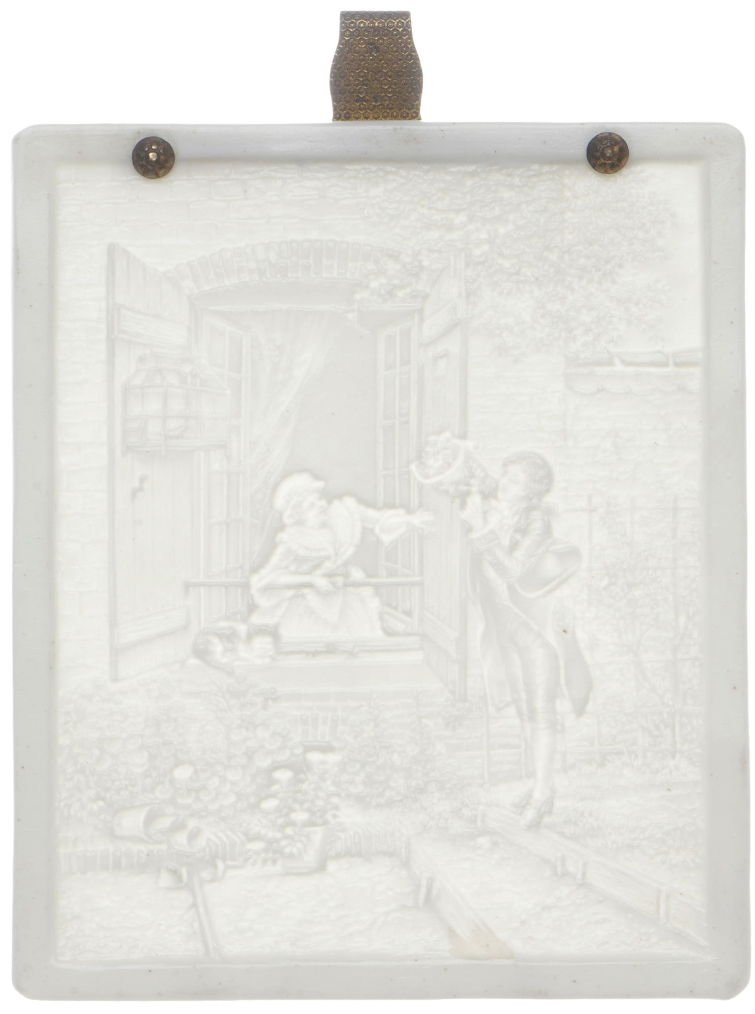 Schierholz sickle mark lithophane - romantic scene with a couple in love at a window, (1 of 5)