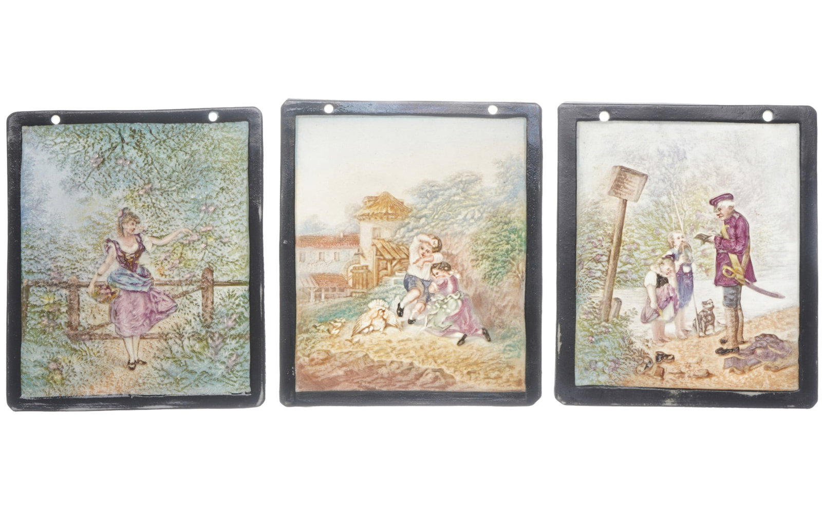 Schierholz sickle mark, 3-color lithophane with genre and children's scenes, circa 1900.: Porcelain, Germany, P.R. sickle impressed mark circa 1880-1900, 1x man speaking to two people with dog #1384, 1x woman scattering flowers #1793, 1x two children sitting in front of a chicken #1529, 3x