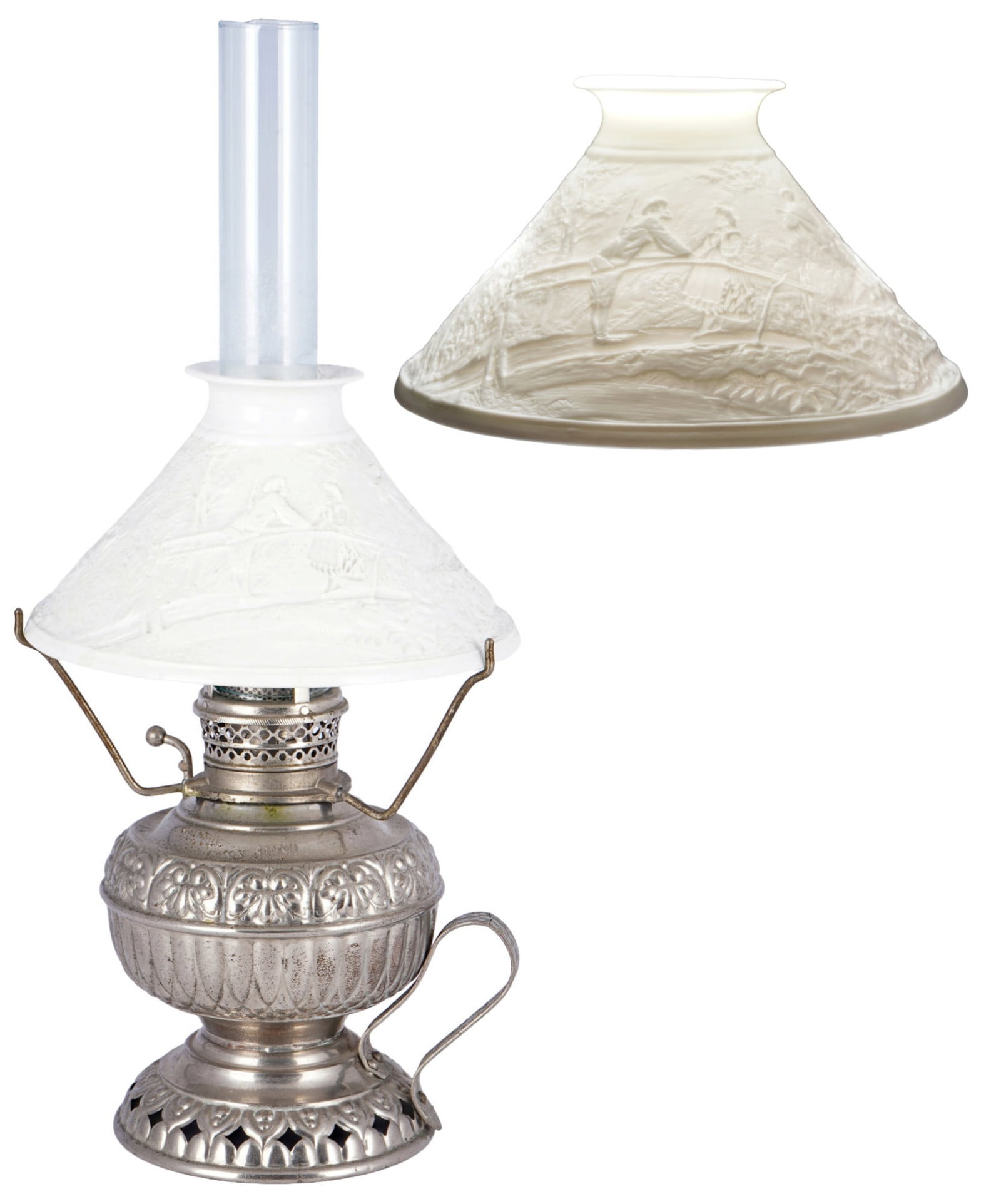 Petroleum lamp with lithophane shade circa 1900, (1 of 10)