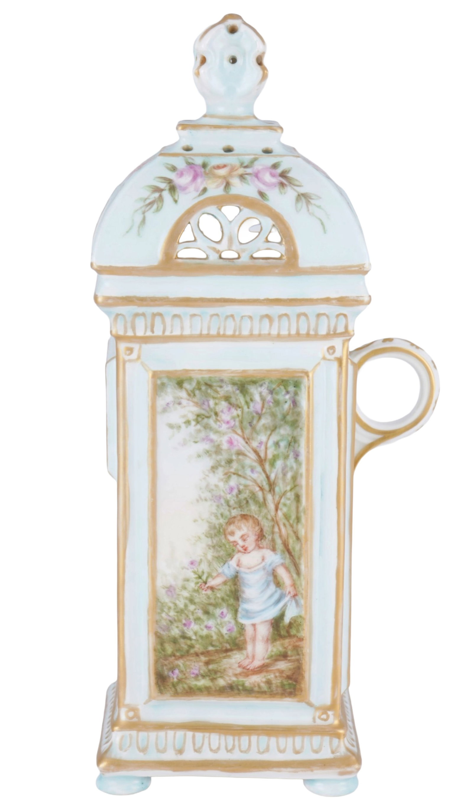 French Classicism Night Light Putto Motifs, 19th Century: Porcelain, France, 19th century, polychrome nightlight with oil dish and three putti motifs as well as a pair of birds, H 20 cm x W 9.5 cm,Provenance: Private collection, Lower Rhine