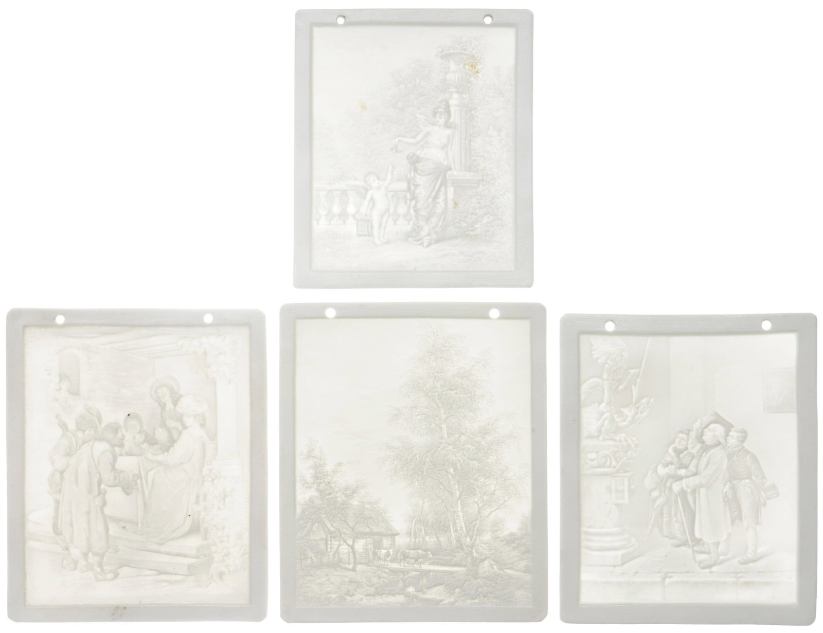 PPM Schierholz 4 lithophanes with figure scenes,: Porcelain, Germany, 19th century, PPM Plaue, 1x Examination of a Statue #1767, 1x Interior Scene #1914, 1x Forest House with Cows #1471, 3x H 13.5 cm x W 11 cm, 1x Young Beauty with a Putto #1795, 1x 