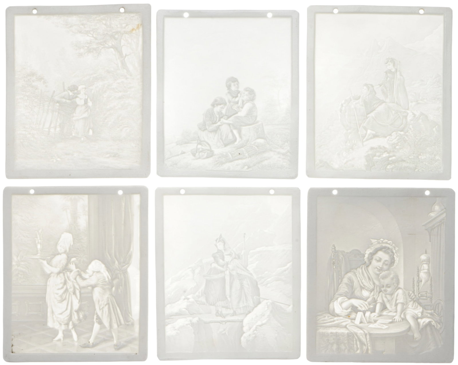 PPM Schierholz 6 lithophanes with figure scenes,: Porcelain, Germany, 19th century, PPM Plaue, 1x gentleman with a servant #1122, 1x two ladies in the mountains #1118, 1x mother and child building a house of cards #877, 1x romantic love scene #1234, 