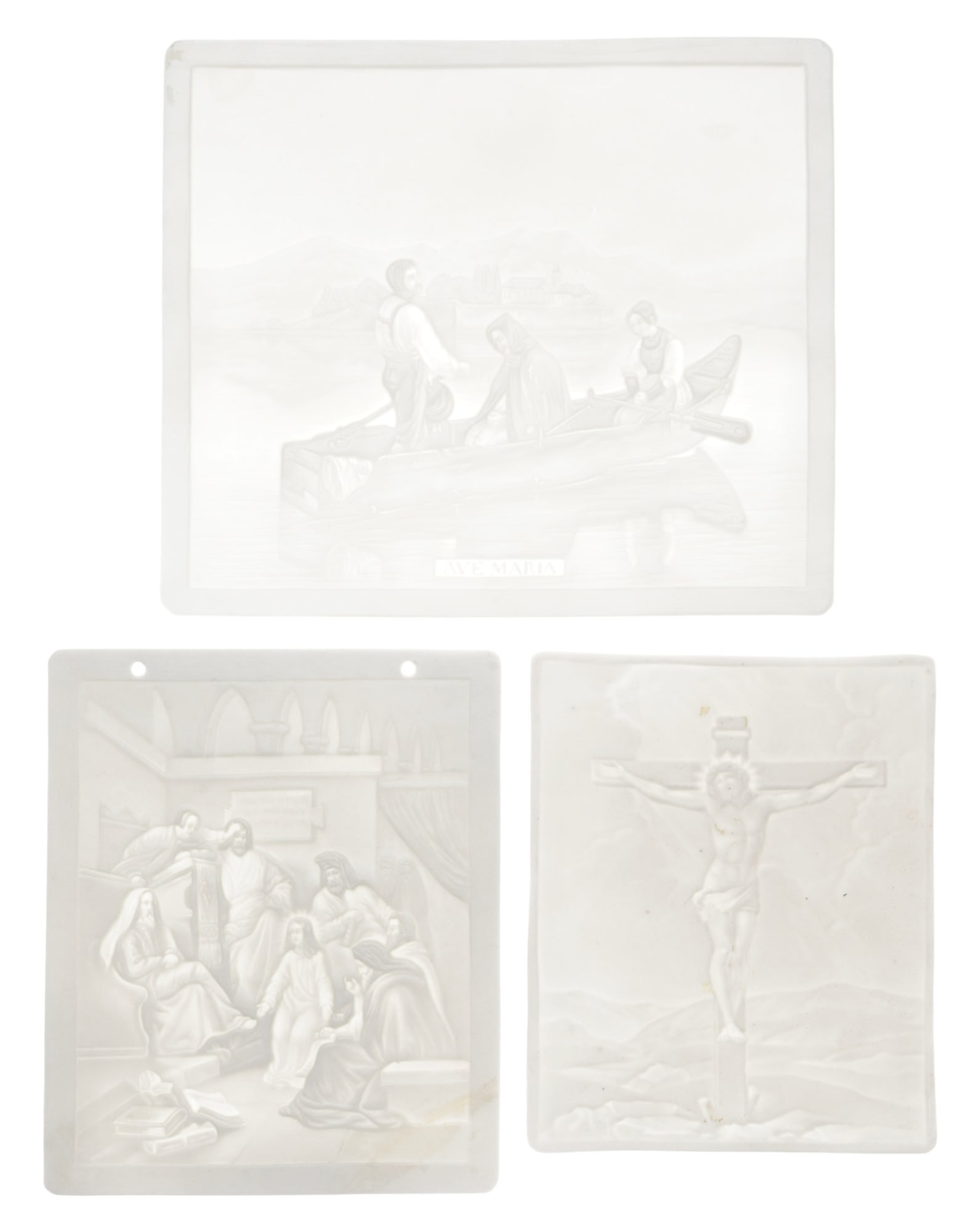PPM Schierholz 3 lithophanes with sacred figure scenes,: Porcelain, Germany, 19th century, PPM Plaue, 1x Jesus Christ on the cross, 1x three people in a boat #178 H 14 cm x W 16.5 cm, 1x girl with halo surrounded by men #179 H 13 cm x W 11 cm, 2x H 11.5 cm 