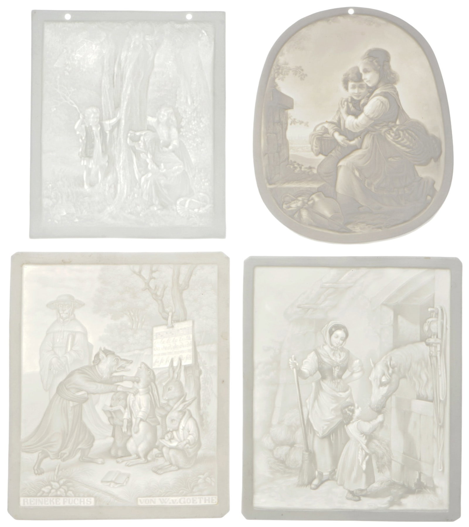 PPM Plaue 4 lithophanes with genre scenes and fairy tale motifs,: Porcelain, Schierholz Plaue, reverse with maker's mark and numbered, Germany, 19th/20th century, 1x Child and mother feeding horse #525 H 13.5 cm x W 11 cm, 1x Singing animals (Reynard the Fox by W.v.