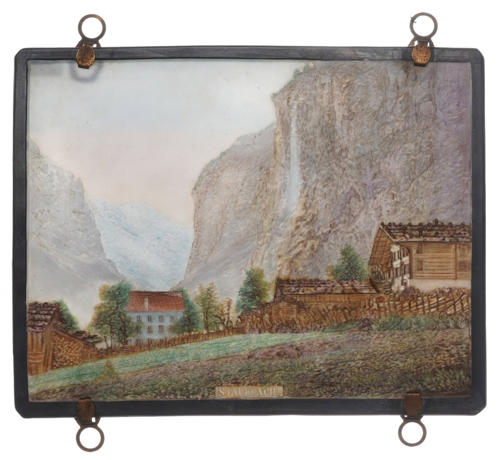 PPM Schierholz Plaue colored lithophany c. 1850 - landscape scene Staubbach Falls,: porcelain, Germany, PPM Plaue, numbered 814, landscape depiction of the Staubbach Falls in the Lauterbrunnen Valley / Switzerland, polychrome, H 15.5 cm x W 19.5 cm, with four hanging clips, provenanc