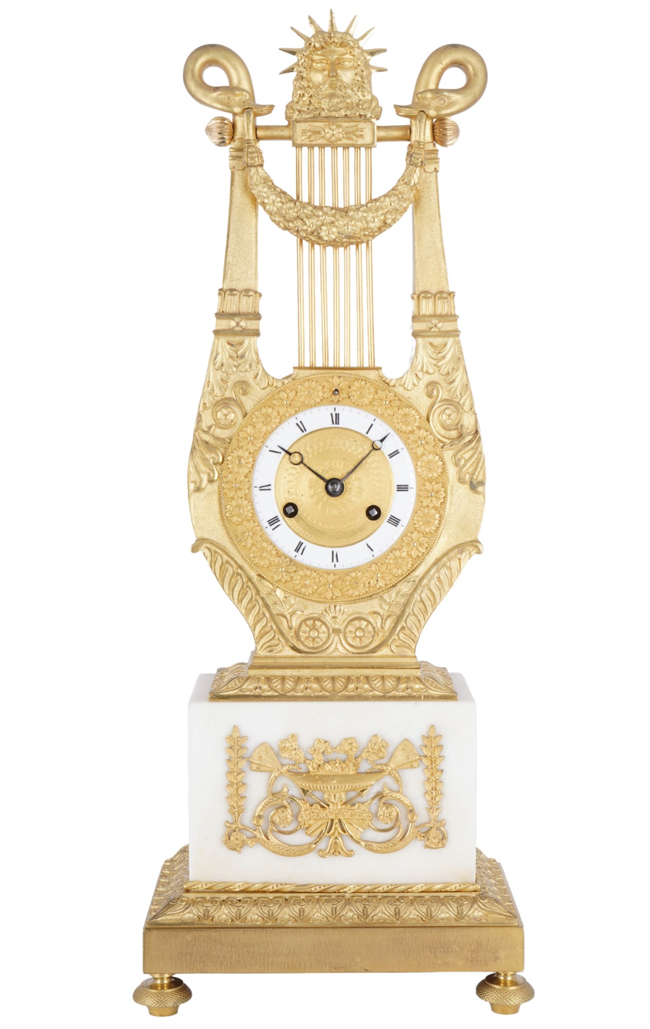 Empire Lyra Pendulum Clock / Mantel Clock, France, 19th century: France, early 19th century, H 47 cm x W 18.5 cm x D 12 cm, lyre-shaped case in white marble and fire-gilded bronze, crowned by a sculpted sunburst with a halo, flanked by stylized swan necks and a lav