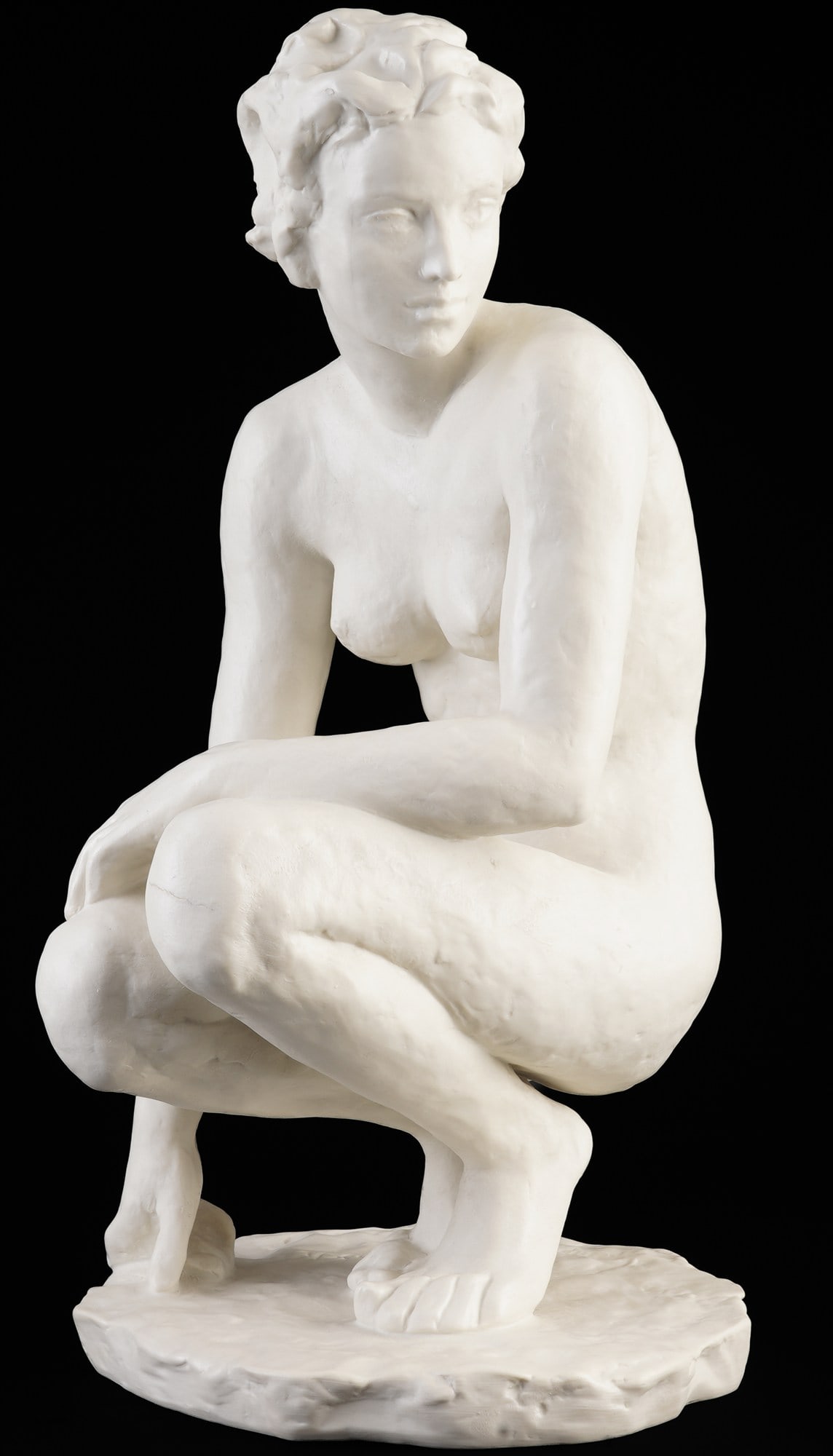 Rosenthal The Crouching Woman "41.5 cm" - Fritz KLIMSCH,: bisque porcelain, green company mark, design by Fritz KLIMSCH (1870-1960), signed F. Klimsch on the base, female kneeling nude, H 41.5 cm x W 21.5 cm, thin crack at the knee