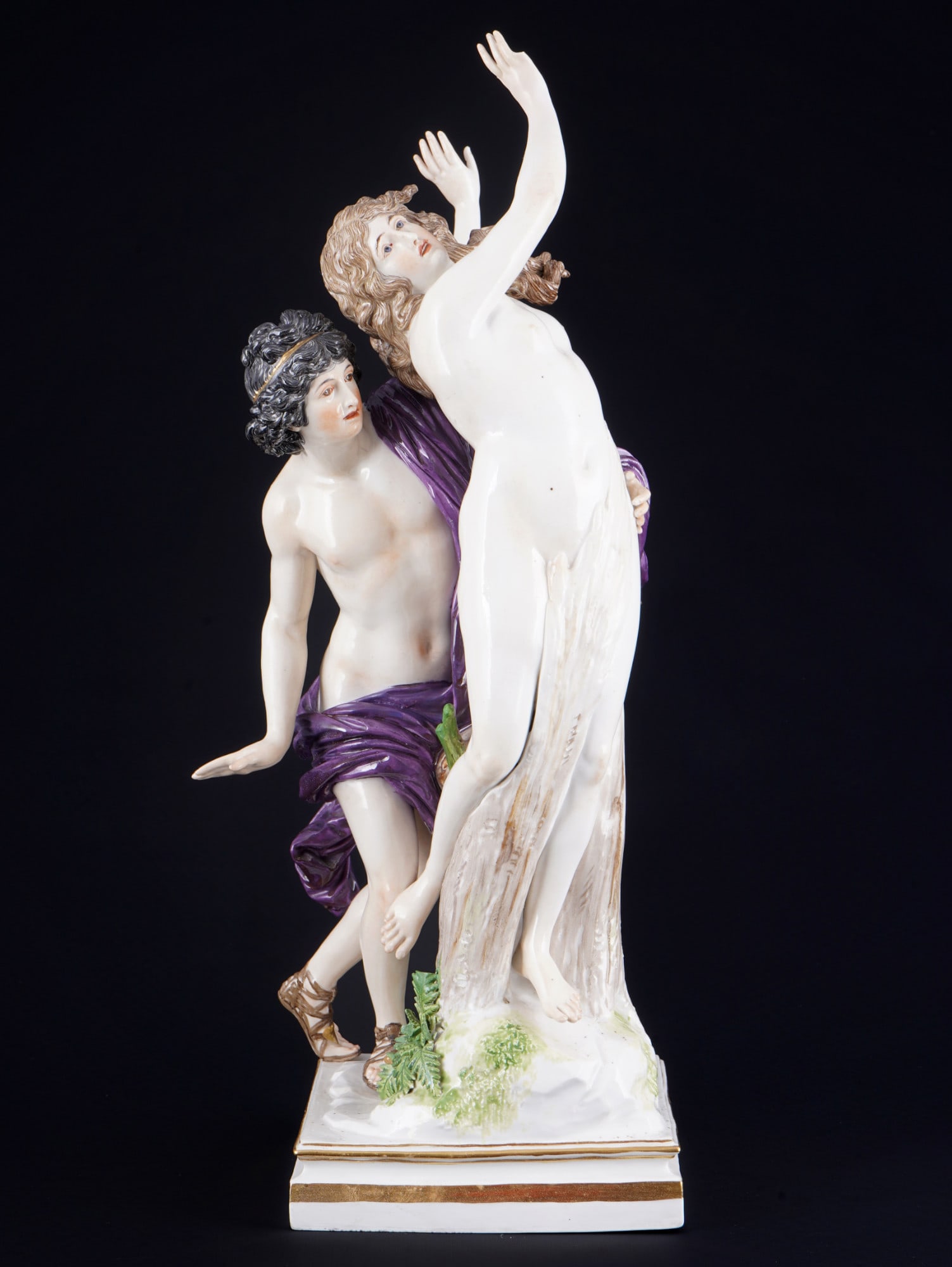 Meissen large Art Nouveau sculpture Apollo and Daphne - Ch. G. JueCHTZER,: porcelain, blue sword mark with one grinding stroke, knob mark 1815-1924, design by Christian Gottfried JueCHTZER (1752-1812), German sculptor, joined the Meissen manufactory in 1769, studied under th