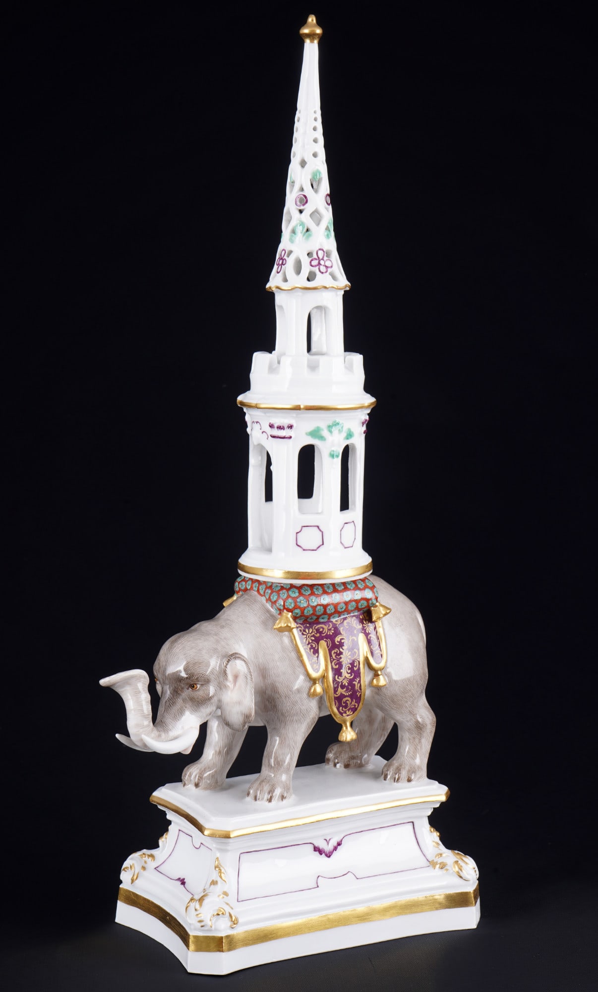 Meissen rare splendid figure elephant with tower on pedestal 1st choice - J. J. KAENDLER / Peter: porcelain, blue sword mark 1st choice, knob mark around 1910, design by Johann Joachim KAENDLER (1706-1775) and Peter REINICKE (1715-1768), spectacular piece - elephant with tower on pedestal, model n