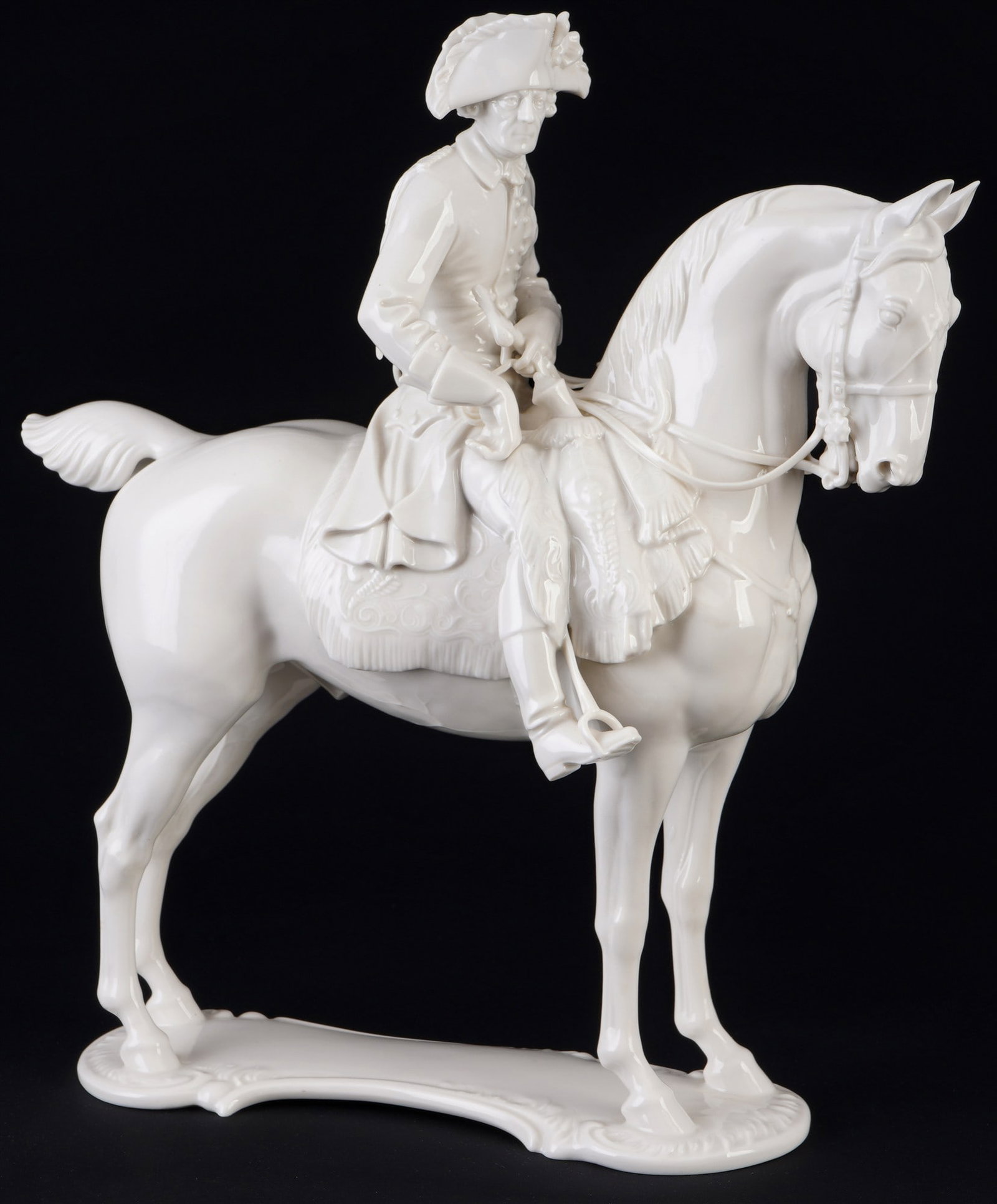 Allach equestrian statue of Old Fritz - Th. KaeRNER,: porcelain, SS Allach press mark 1935?1945, design by Theodor KaeRNER (1884-1966), German porcelain sculptor and animal sculptor, apprenticeship as a modeller with C. M. Hutschenreuther, then studied a