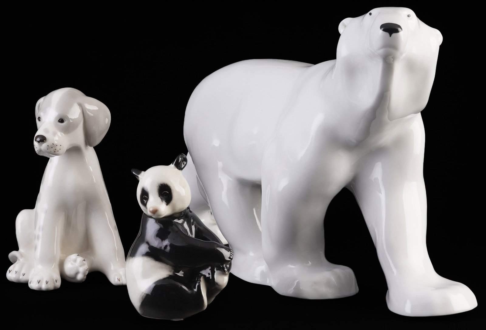 Lomonosov polar bear with dog and panda,: porcelain, Russia, red company mark, large polar bear H 24.5 cm x L 41 cm, dog H 17 cm and panda H 13 cm