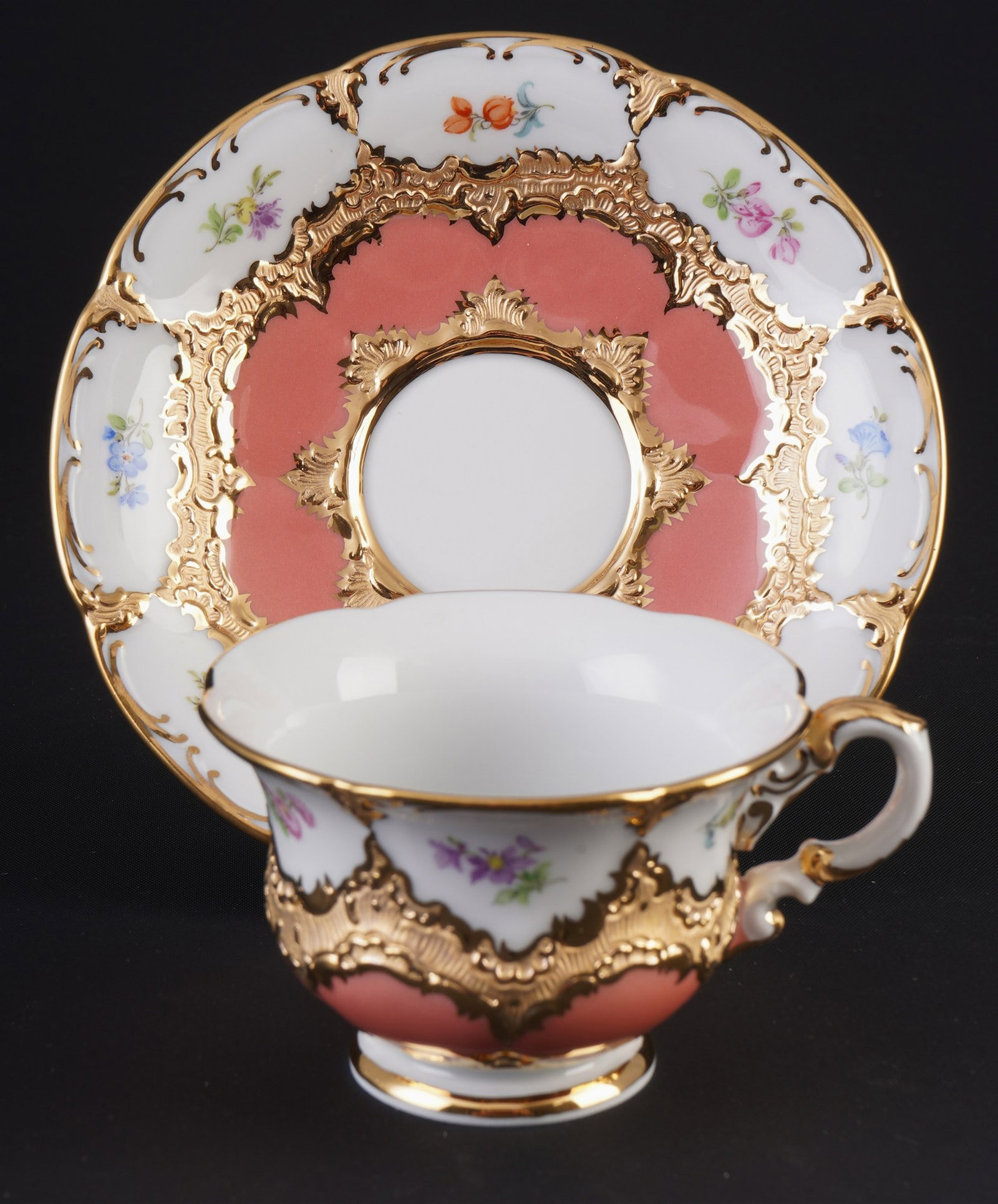 Meissen B-Form Strewn Flowers apricot mocha cup 1st choice,: porcelain, blue sword mark 1st choice, decor B-Form apricot Strewn Flowers, decor no. 01a279, model no. 15580, 1x cup H 5 cm x D 8 cm, 1x saucer D 13 cm, mint condition and unused