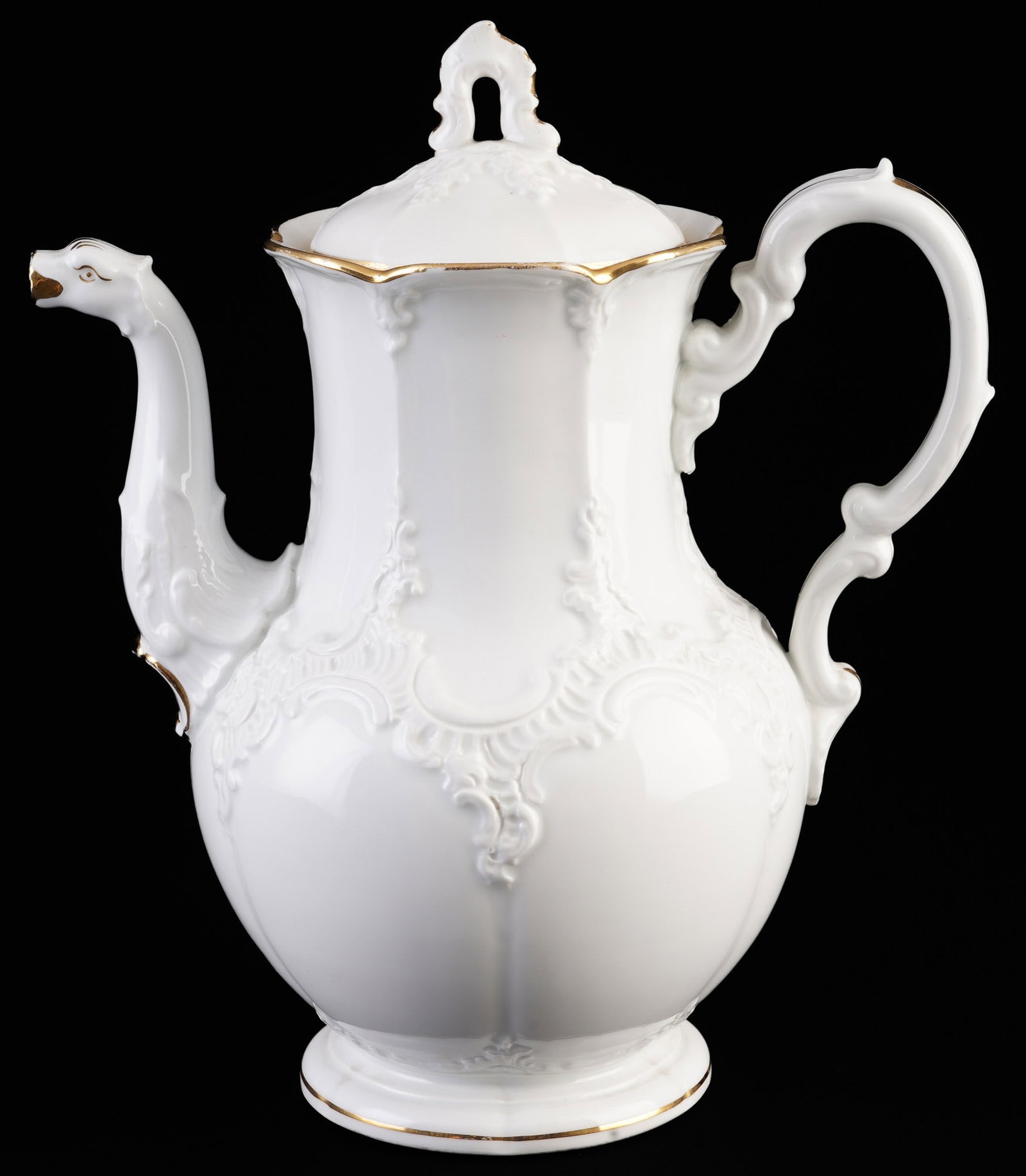 Meissen B-Form coffee pot,: porcelain, blue sword mark with two grinding strokes 2nd choice, decor B-Form, gold rim, H 25 cm x W 22 cm x D 14 cm, abrasion, repaired chip