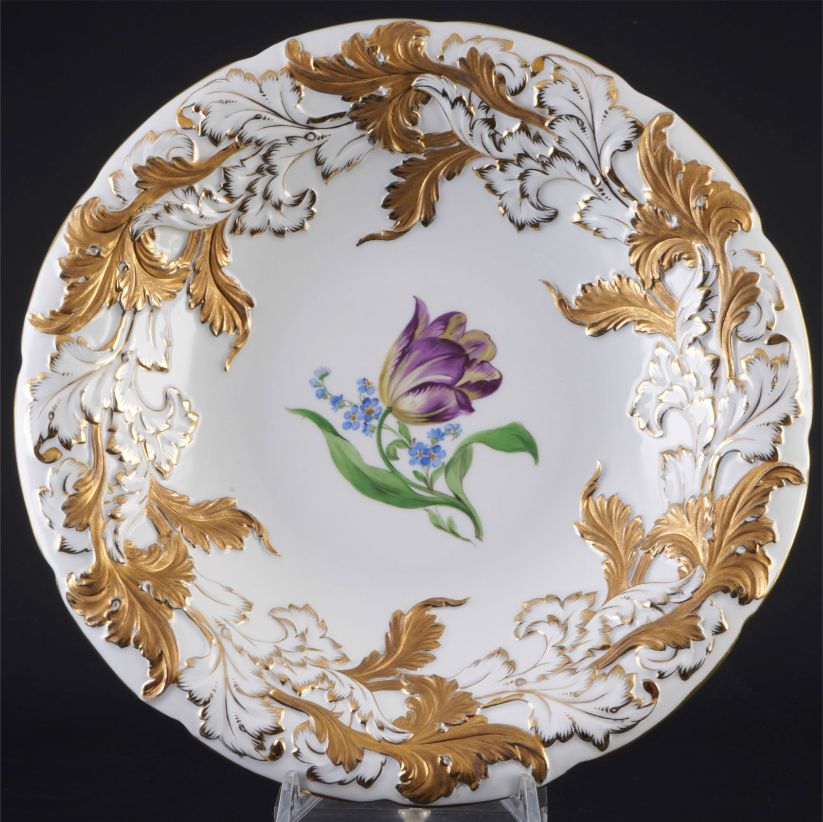Meissen splendid bowl with Flowers and Acanthus relief 1st choice,: porcelain, blue sword mark 1st choice, Pfeiffer period 1924-1934, decor Flowers 2 with acanthus relief, H 5.5 cm x D 29.5 cm, slight gold abrasion