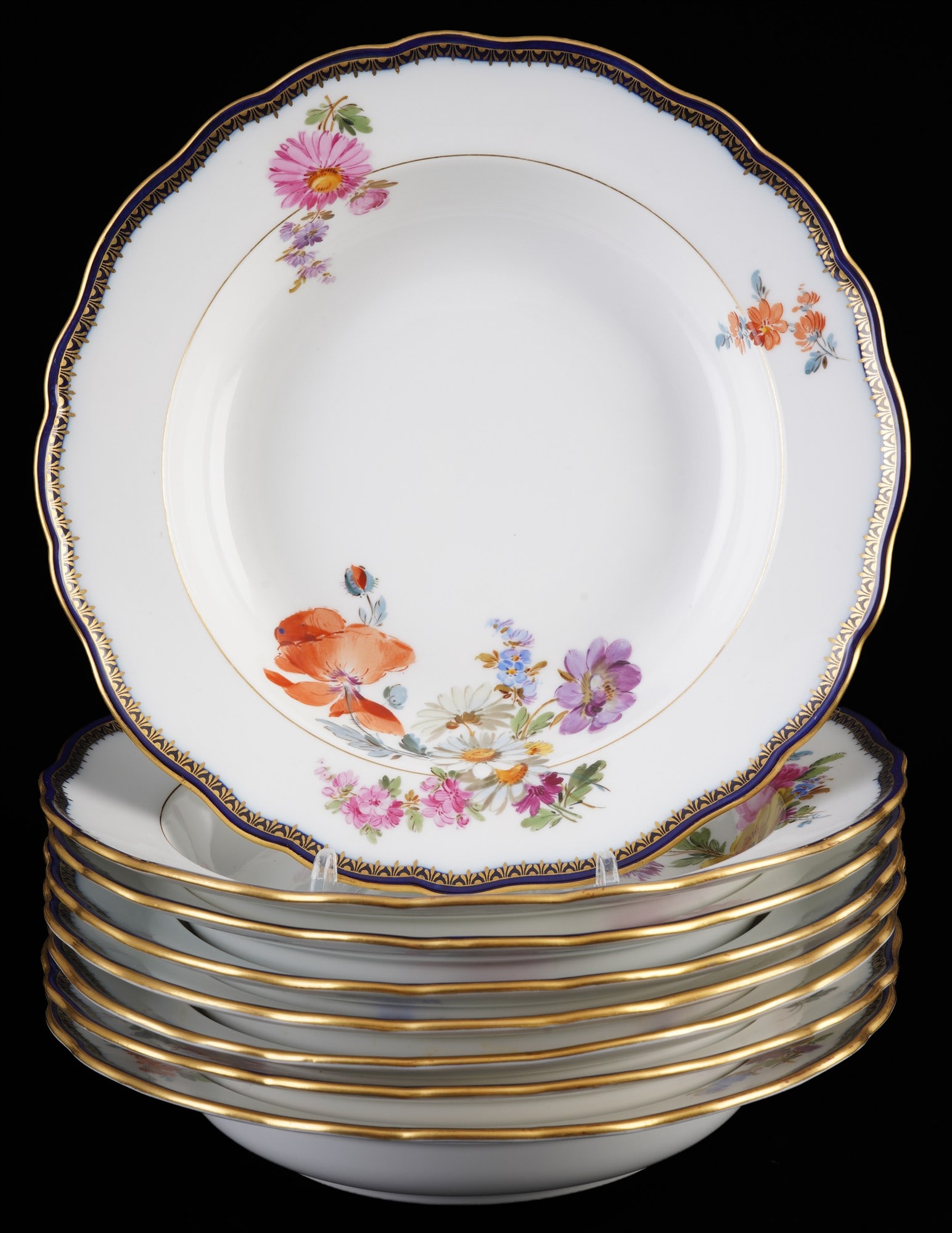 Meissen A-Edge Flower Bouquet 8 soup plates 1st choice, (1 of 3)