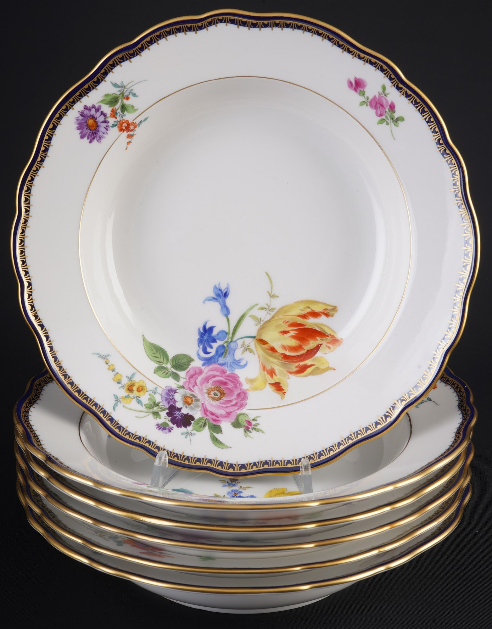 Meissen A-Edge Flower Bouquet 6 soup plates 1st choice, (1 of 3)