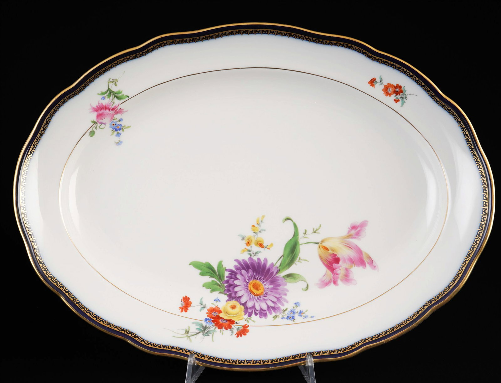 Meissen A-Edge Flower Bouquet platter 1st choice,: Porcelain, blue crossed swords mark, first choice, knob mark 1815-1924, A-edge floral bouquet decoration, L 41.5 cm x W 30 cm