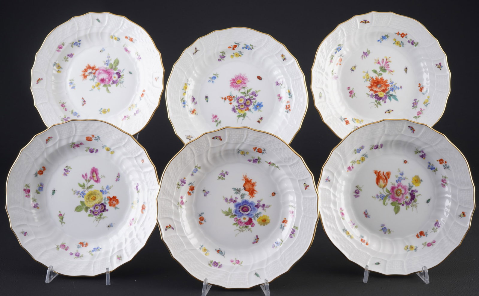 Meissen Flower Bouquet with insects New Brandenstein 6 dessert plates 1st choice,: porcelain, blue sword mark 1st choice, decor Flower Bouquet with Insects and Strewn Flowers, with New Brandenstein relief, 6x D 20.5 cm