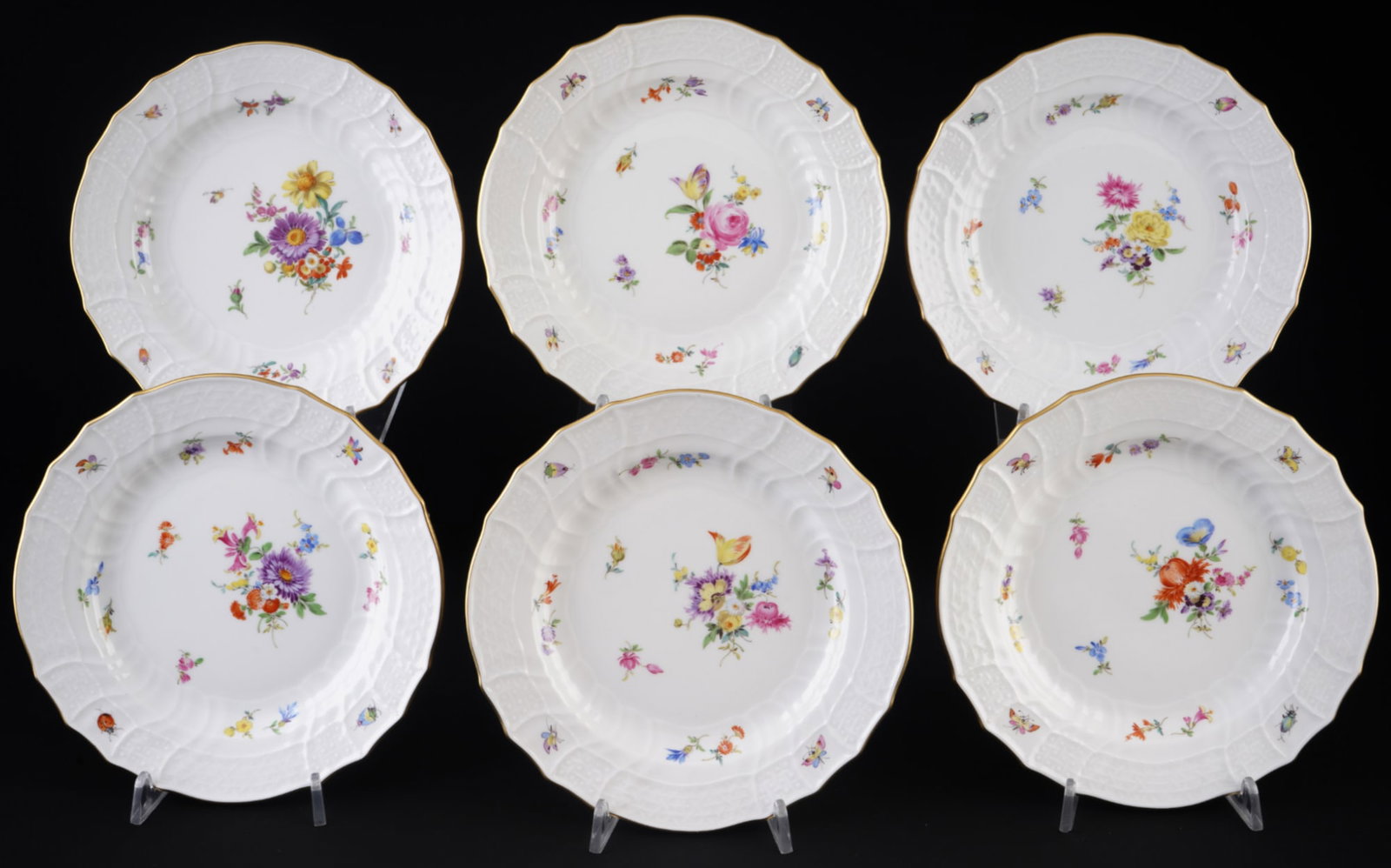 Meissen Flower Bouquet with Insects New Brandenstein 6 dessert plates 1st choice,: porcelain, blue sword mark 1st choice, decor Flower Bouquet with Insects and Strewn Flowers, with New Brandenstein relief, 6x D 19 cm